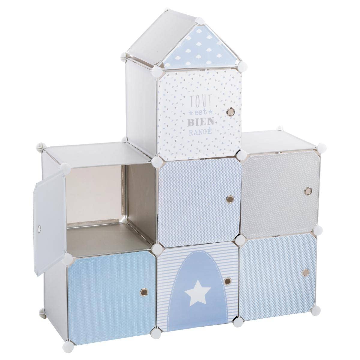 TEMU Meuble de rangement colonne 7 cases bleu et blanc 94,5 x 32 x 109 cm polypropylène pour chambre d'enfant