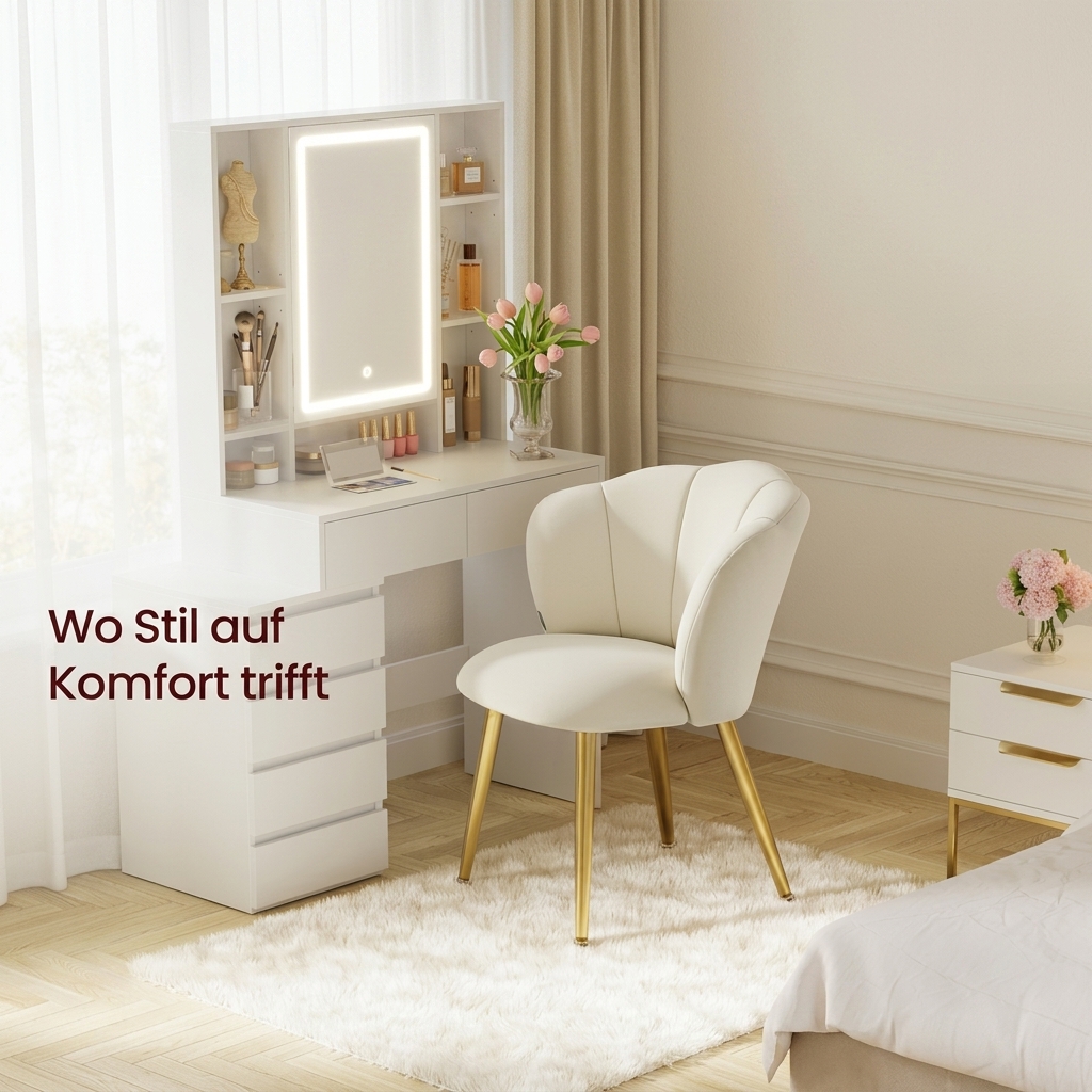 Dining Chair With Petal-shaped Backrest, Upholstered Vanity Chair, Velvet, Supports Up To 150 Kg, Steel Legs, Gift , For Kitchen, Living Room, Bedroom, Cream White