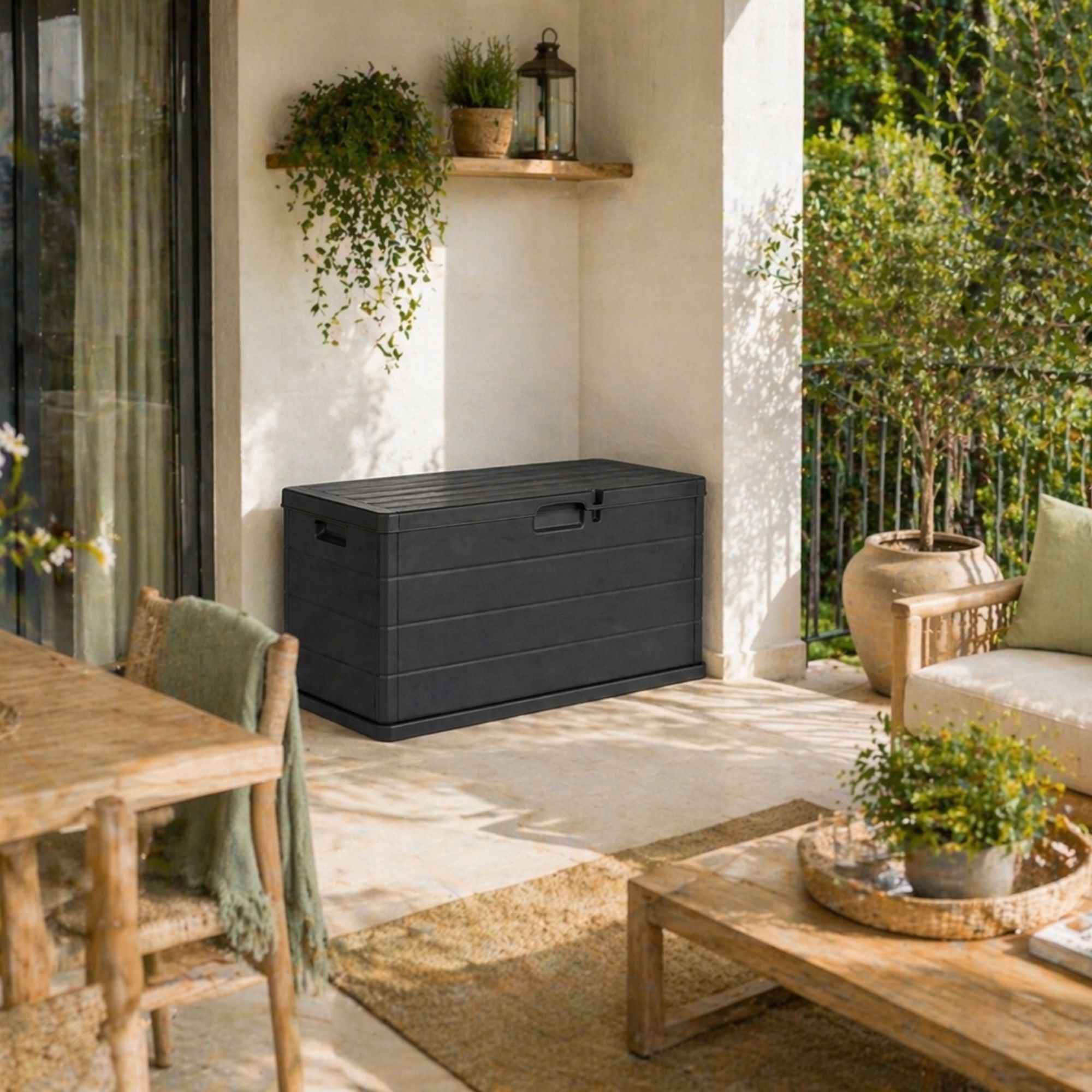 E-shop Kaufstern Gartenbank 340 Liter aus Kunstharz - Wasserdicht, Einfach zu montieren - Abschließbarer Verschluss - 118X59X57H cm - Outdoor
