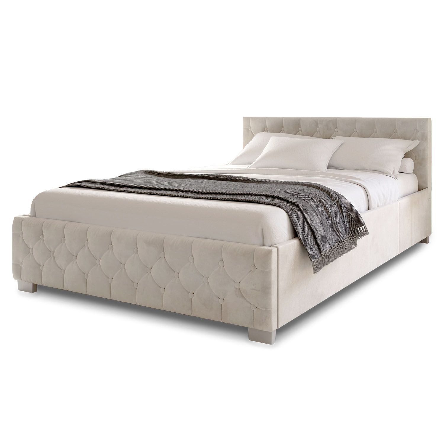 Velvet Upholstered Bed With Storage Space & Led Lighting & Slatted Base - Bed With Chesterfield Quilting & Headboard