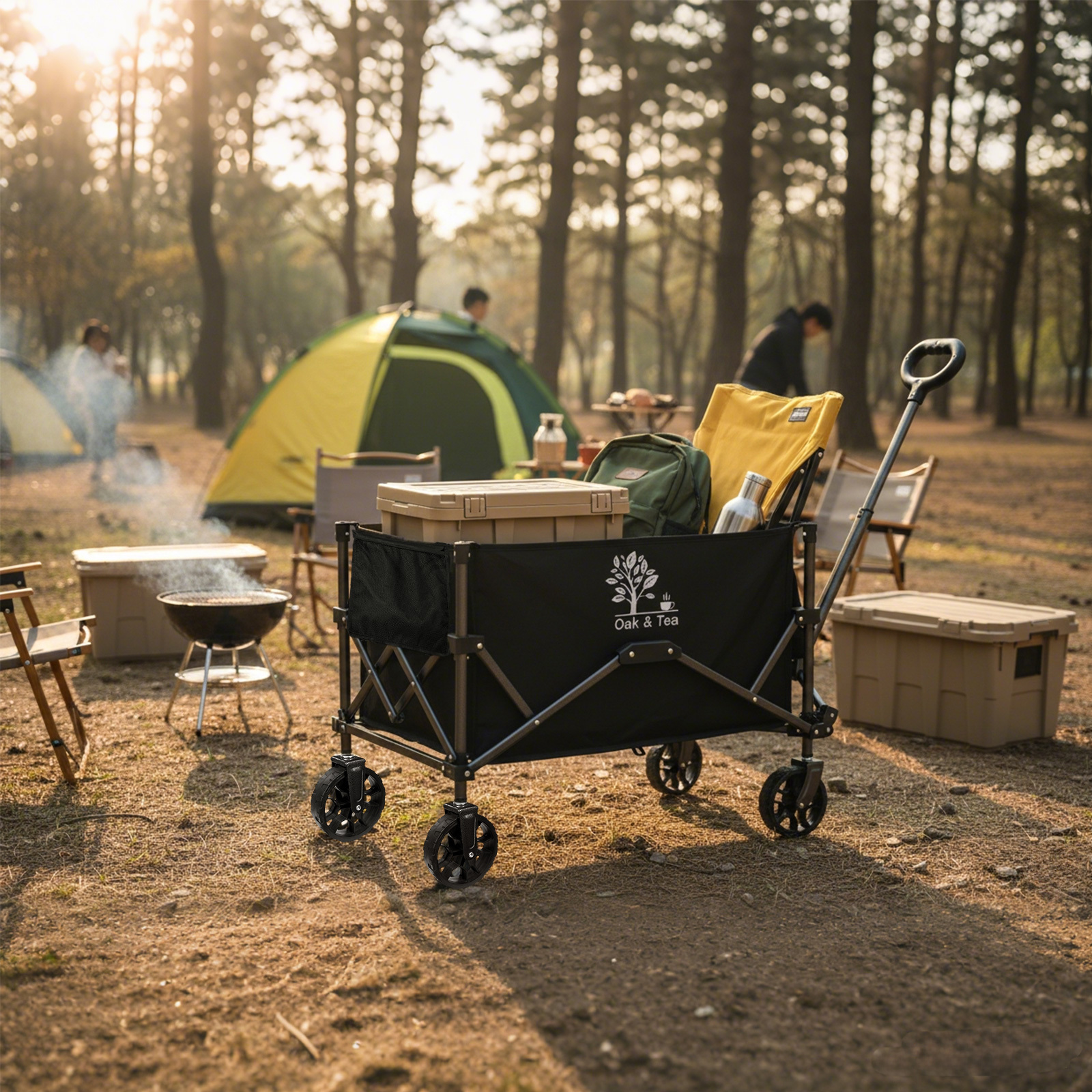 Oak & Tea Collapsible Folding Wagon Cart, 100l Large Capacity, 90kg Load, Wheels, Auto-return Handle For Camping, Beach, Grocery