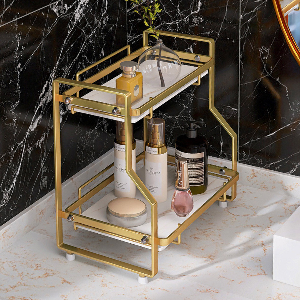 TEMU Makeup Organizer, 2/ 3 Tier Bathroom Countertop Organizer Desktop Gold Metal Bathroom Countertop Organizer With Marbling Tray, 2 Tier Makeup