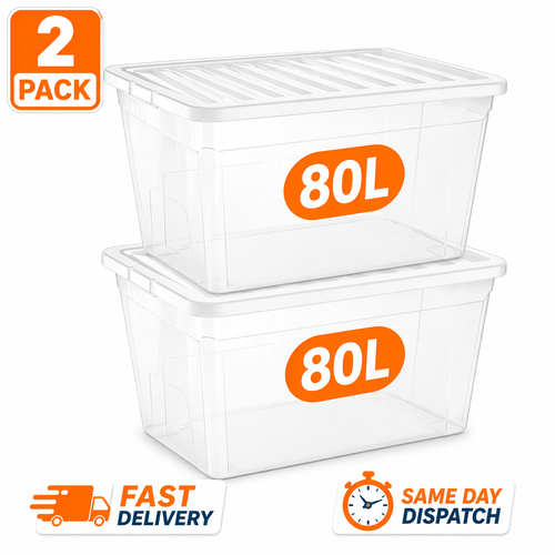 manodu 2 x 80l plastic storage boxes with clear lids large clear stackable storage bins for clothes organisation home office space saving storage solution bulk from uk seller