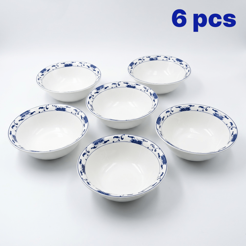 Image of 6pcs Set Of Large Porcelain Salad Bowls, 8" (ø 20.3 Cm), Blue And White Floral Pattern, Classic Serving Bowls For Pasta, Soup & Bowls, Dishwasher Safe.
