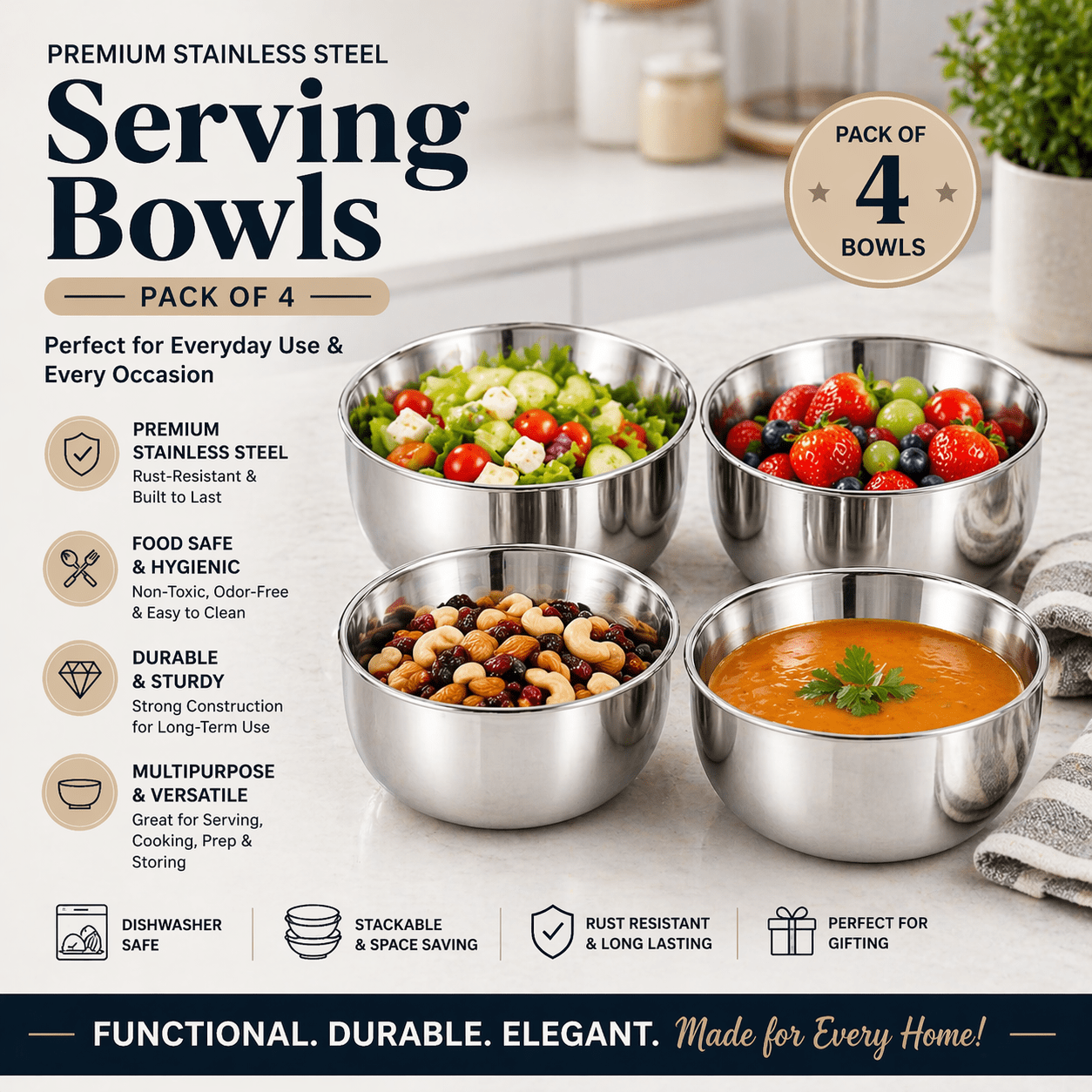 TEMU Premium Stainless Steel Bowl Set 4 Bowls, 10cm Diameter, Durable Construction