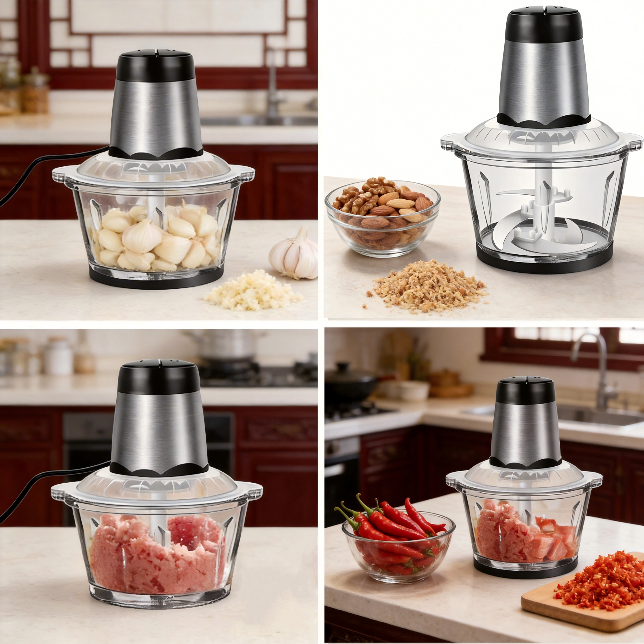 2l Electric Meat Grinder & Chopper, 600w, Glass + Stainless Steel, 2 , 4 Stainless Steel , For Meat, Fruit, And Vegetables