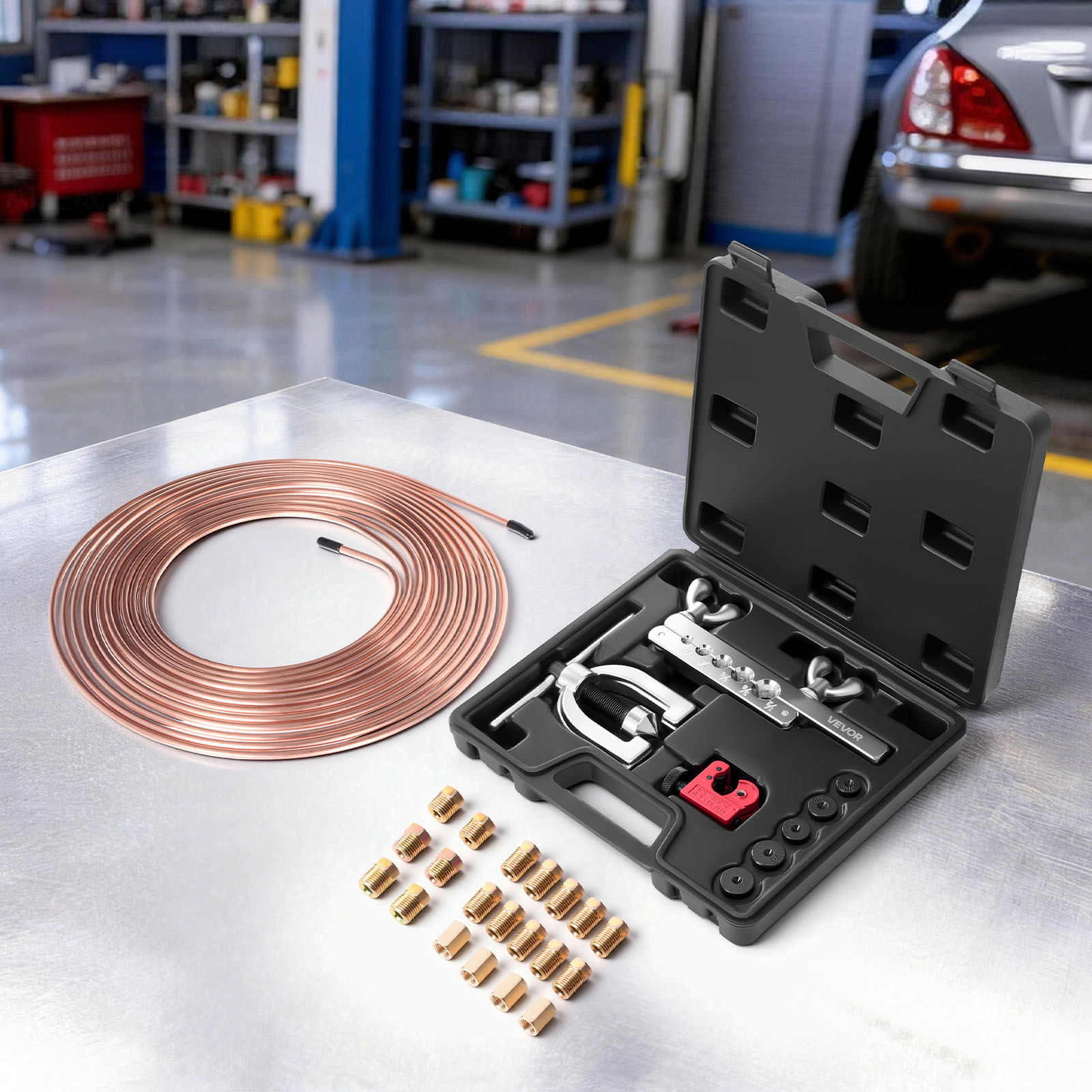 Image of Vevor Brake Line Repair Kit, 45° Double & Single Brake Line Flaring Tool Kit, 7.6m X 4.76mm Copper Coated Brake Line (with 16 Fittings & 4 Unions) - Tube Cutter, 5 Adapters And Toolbox Included