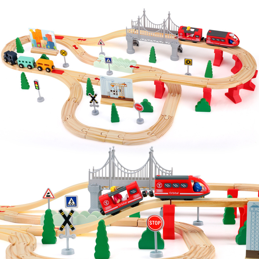 E-shop Spielzeugzug, 72-teiliges Kinder-Stadtzug-Set, erweiterbares Holzeisenbahn-Set, Kinder-Eisenbahn, Eisenbahn-Spielzeug mit Gleisen und 4