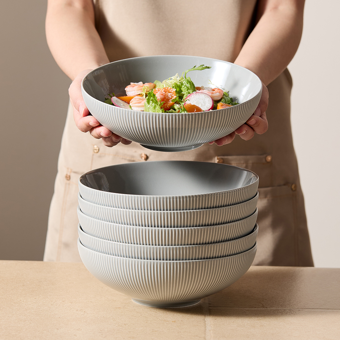 E-shop 6er, 8inch, Ø20cm, 980ml, Keramik-Geschirrset, tiefem Teller, Pastateller, Suppenteller, Hauptgerichtsteller, Gemüseteller und Salatteller,