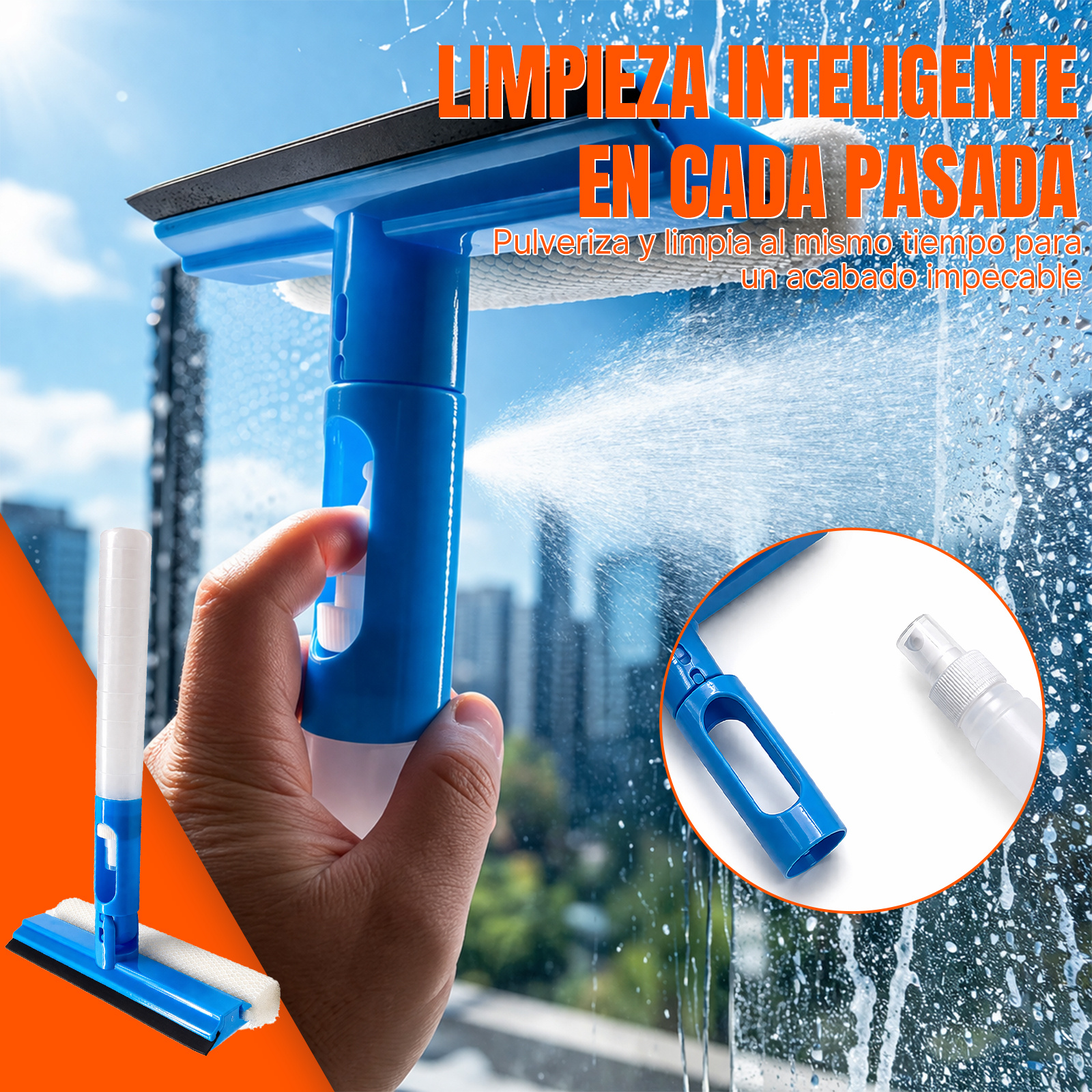 TEMU Limpiador de Ventanas con Pulverizador Integrado, Cabezal Giratorio, Cepillo de Cara y Rasqueta – Limpieza sin Rayas para Cristales, Espejos y