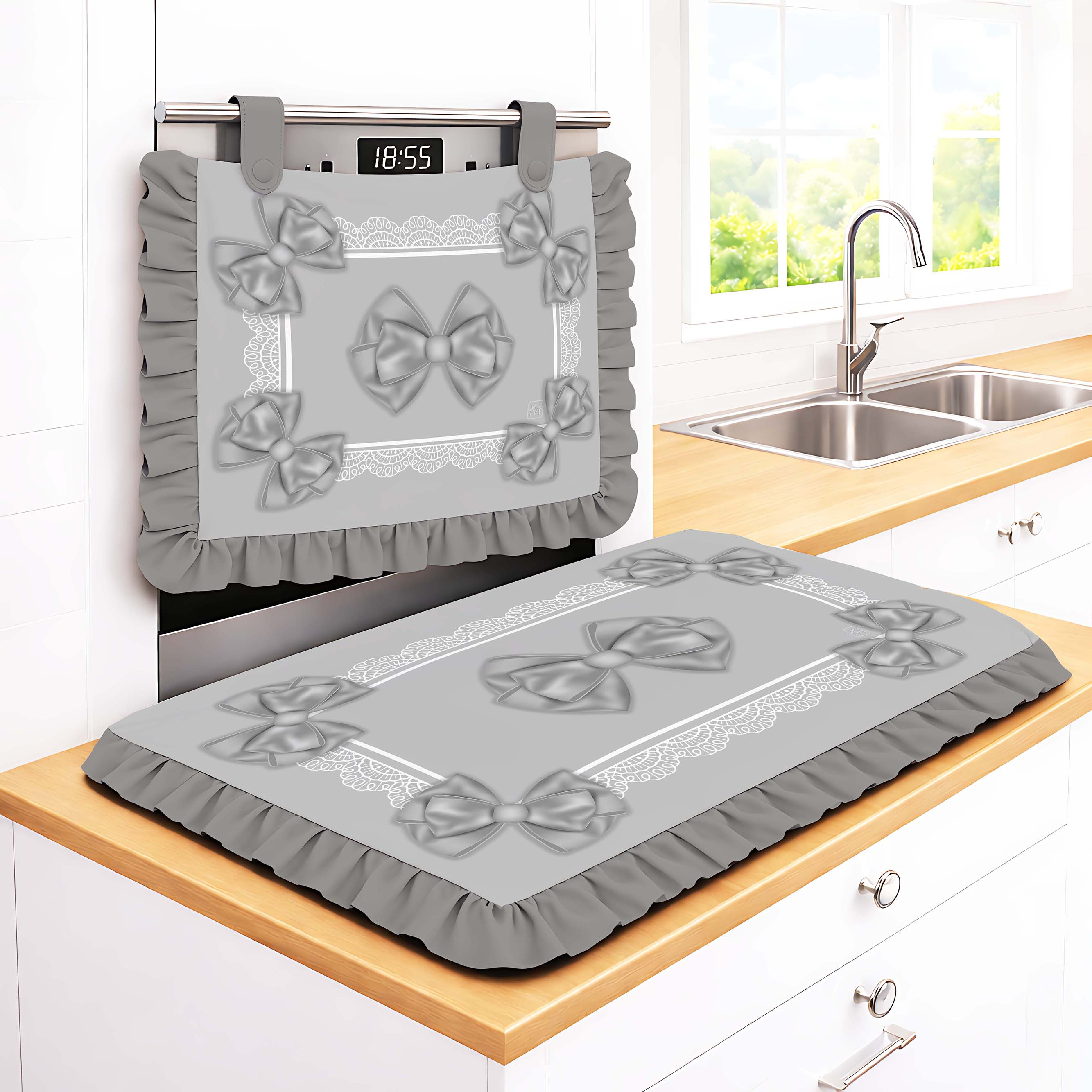 TEMU Copriforno + Coprifornello set con Fiocchi Eleganti, Protezione Cucina Antiscivolo e Decorativa, Lavabile e Resistente, Design Raffinato per
