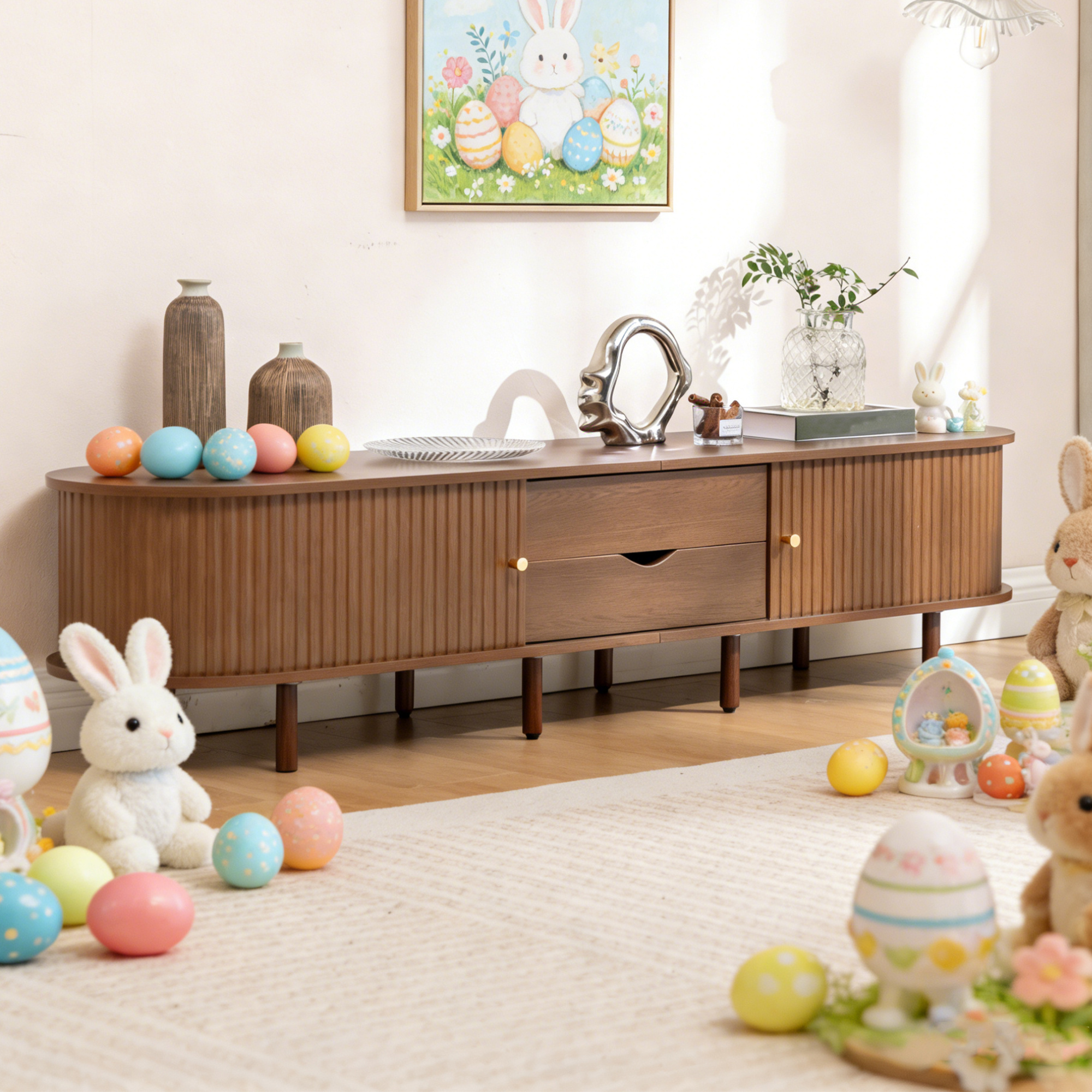 Image of Tv Cabinet, Tv Board, Tv Shelf, Tv Cabinet, Sliding Door With 2 Drawers, 180 Cm, Brown, Adjustable Feet