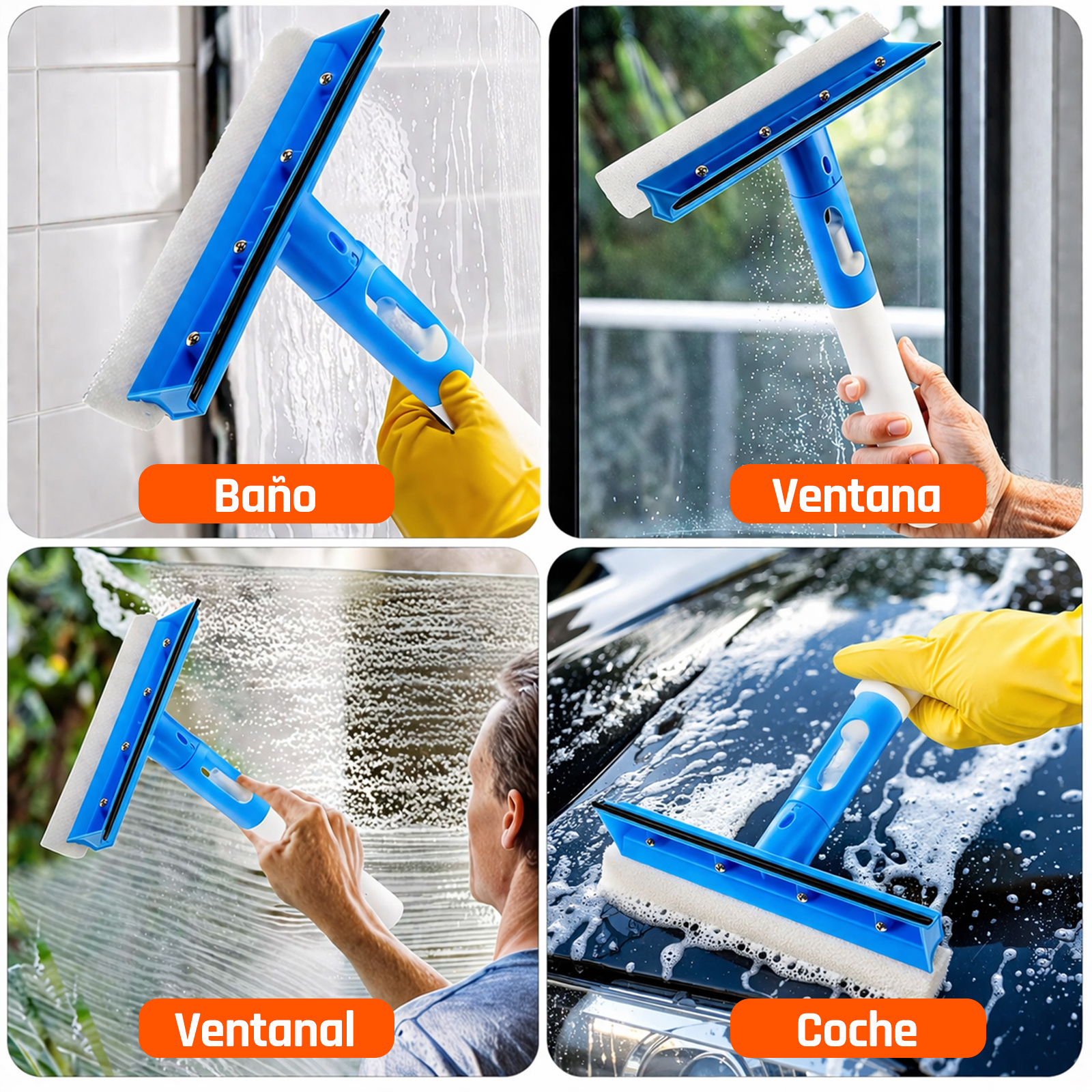 TEMU Limpiador de Ventanas con Pulverizador Integrado, Cabezal Giratorio, Cepillo de Cara y Rasqueta – Limpieza sin Rayas para Cristales, Espejos y