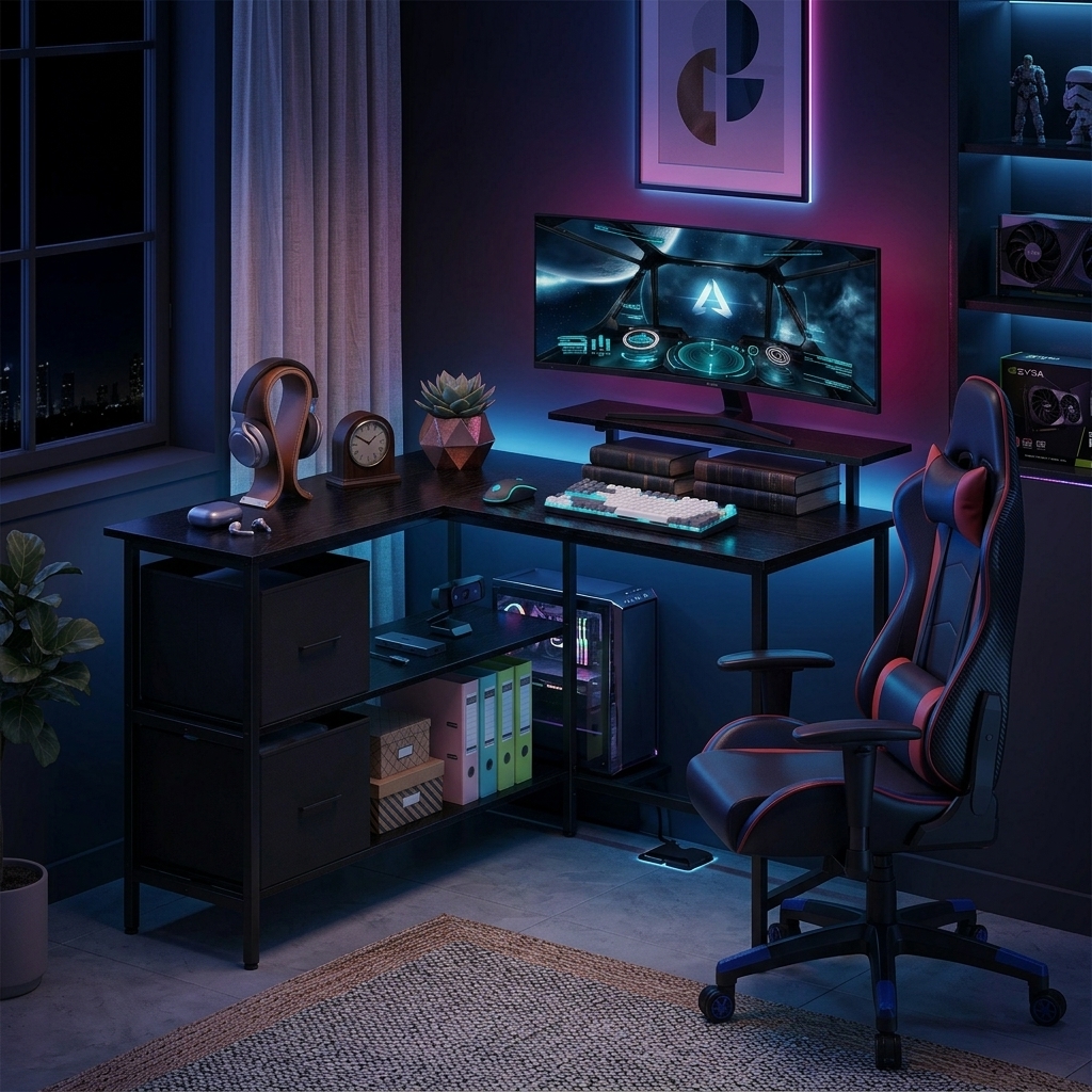 L-shaped Desk, , With 2 Drawers, Adjustable Shelf And Monitor Stand, Computer Desk