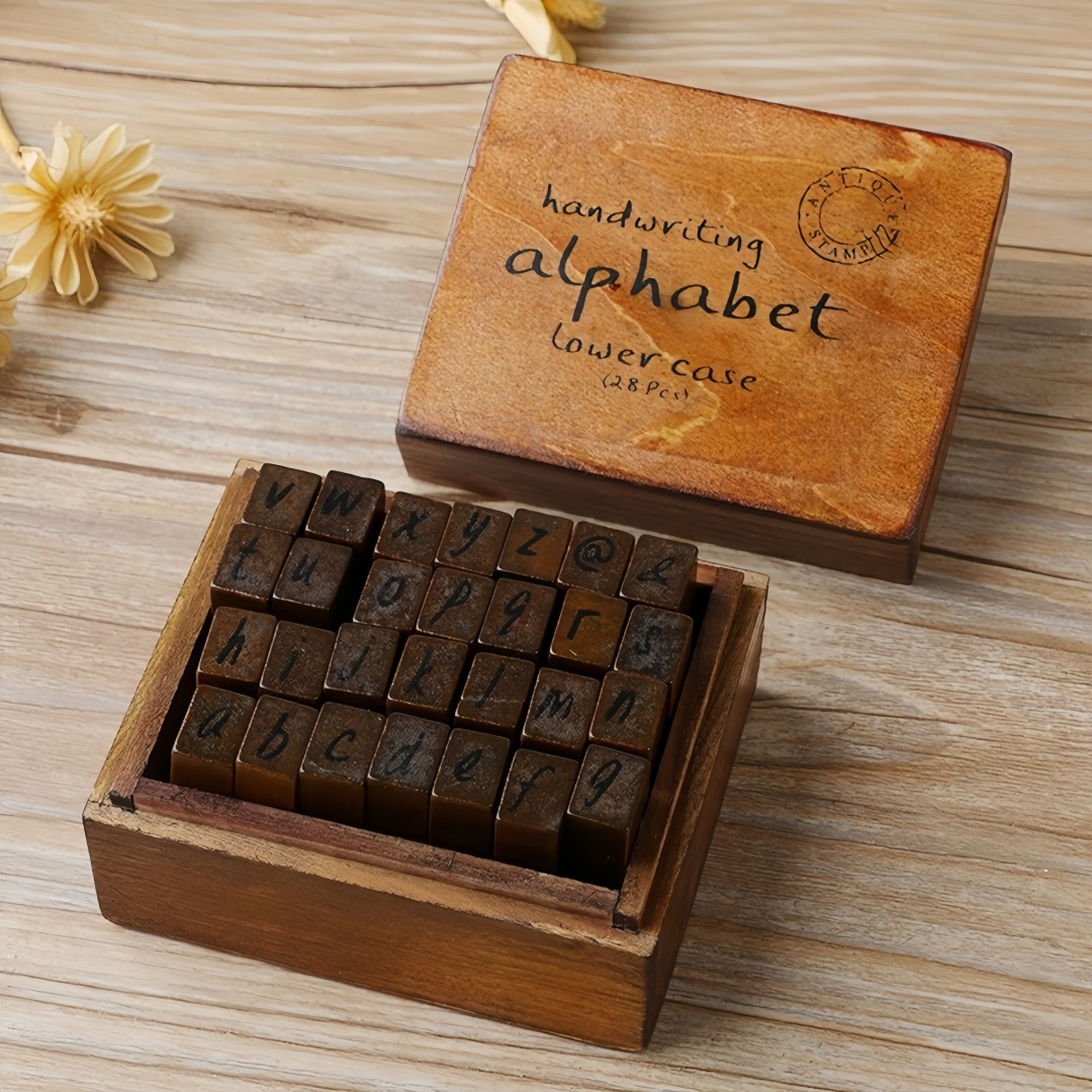 Set Of 28 Vintage Alphabet Stamps With Wooden Box, Lowercase Letters, Numbers And Symbols, Stamps For Scrapbooking, Diy, Journal, Decorations, Creative Gift