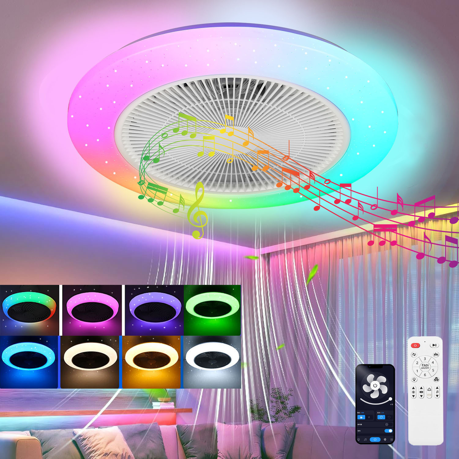 TEMU Ventilateur de plafond LED rond avec haut-parleur Bluetooth, Plafonnier intelligent RGB avec de lumière ciel étoilé, Ventilateur silencieux 6