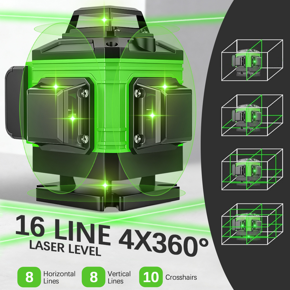 16 line self leveling laser     4d green vertical and horizontal laser remote control   manual auto level mode rechargeable lazer tool with accessories suitable for home renovation tiling construction picture hanging ceiling projects