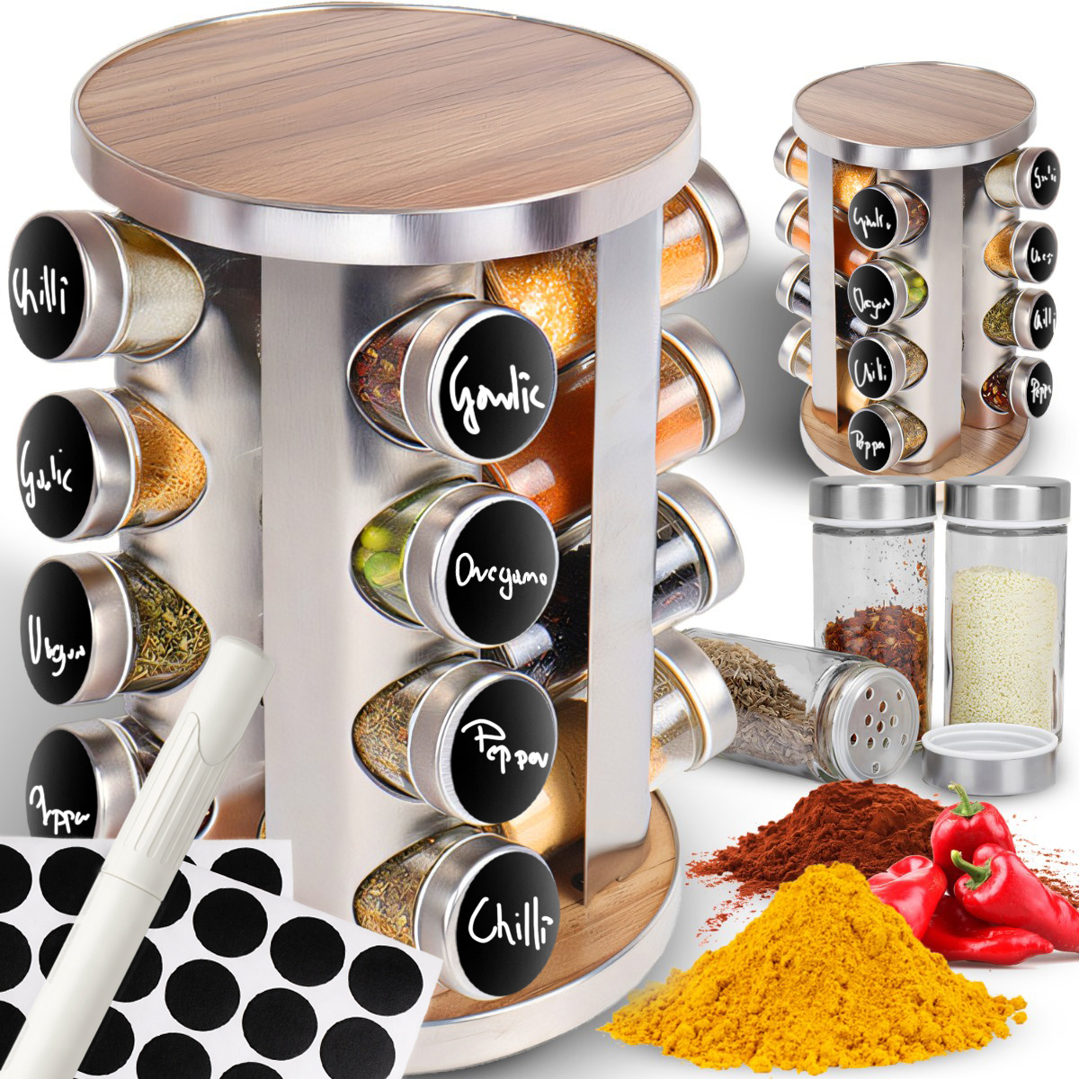TEMU Rotierendes Gewürzregal RETOO , Set von 16 Glasbehältern mit Edelstahl, 360° Küchengewürzregal, Modernes Minimalistisches Design, Praktisches