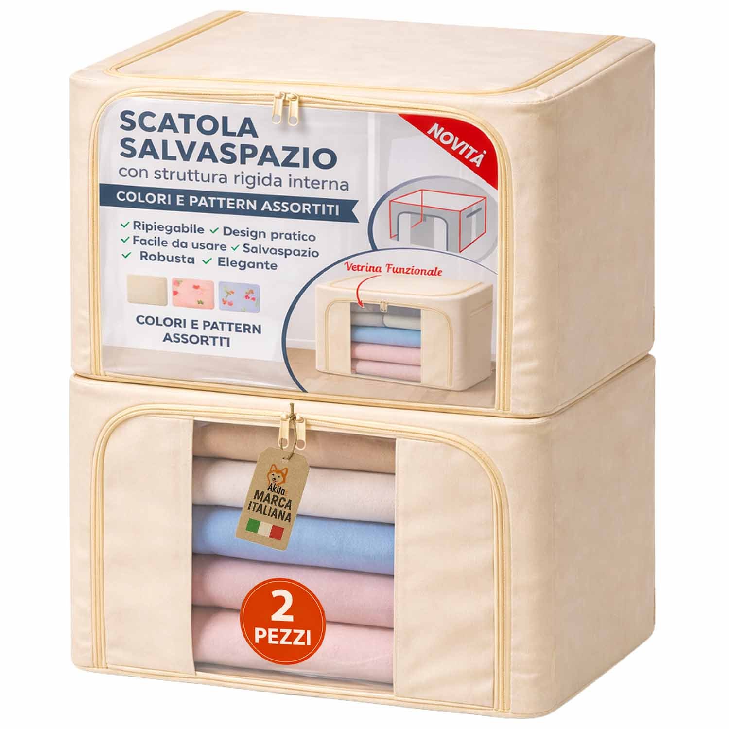 TEMU AkitaInk Set 2 Contenitori Armadio Salvaspazio - Scatole Portaoggetti Pieghevoli con Struttura e Finestra , Impilabili, 62�42�35 cm, Colori