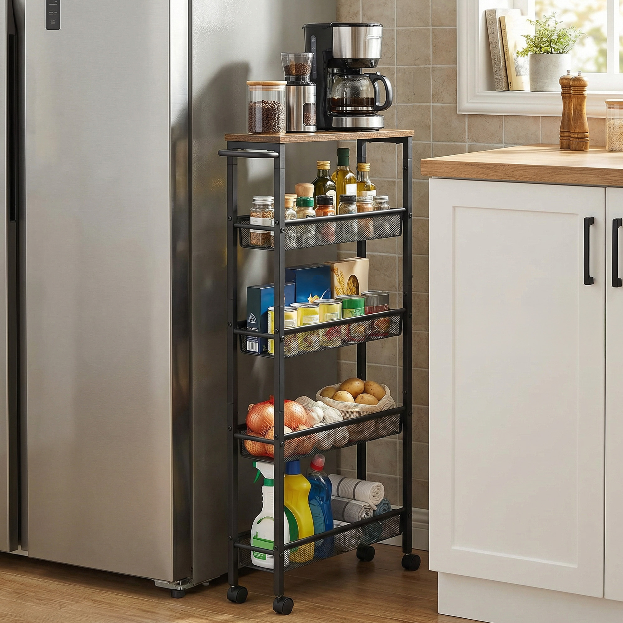 Image of Cart With , Narrow Kitchen Cart, Portable Stroller With Handle, Niche Shelf On Wheels, Steel, Small Spaces, 13 X 45.4 .6 Cm, Kitchen, Bathroom, Living Room, Study, Apartment, Reunification.