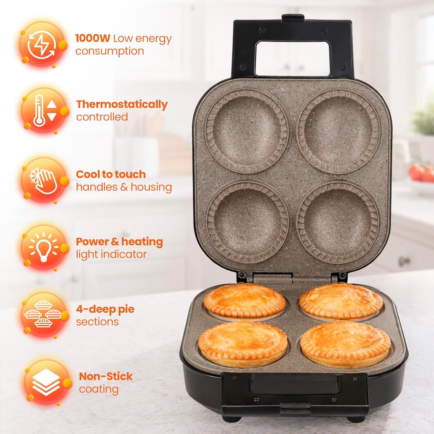 TEMU Schallen 4 Pie Maker Electric Deep Fill Pie Maker Machine With Locking Latch, Stainless Steel Finish, Bake Traditional British Pies At Home, 4