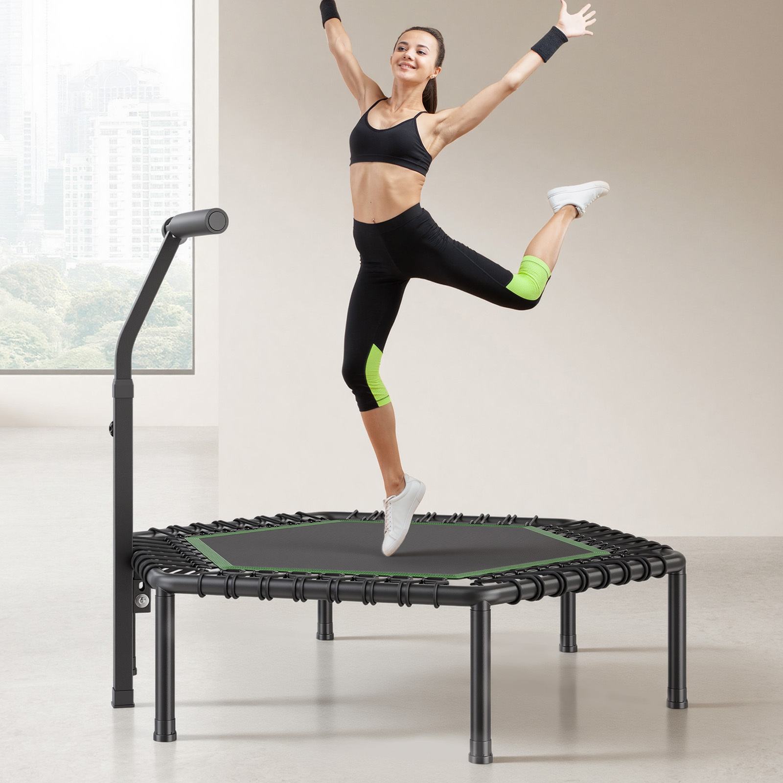 Vevor 1385 Mm Mini Trampoline, 205 Kg Fitness Rebounder, Stable & Quiet Small Trampoline With 3 Levels Height Adjustable & Foam Handle, Exercise Rebounder For Adults Indoor/garden Workout