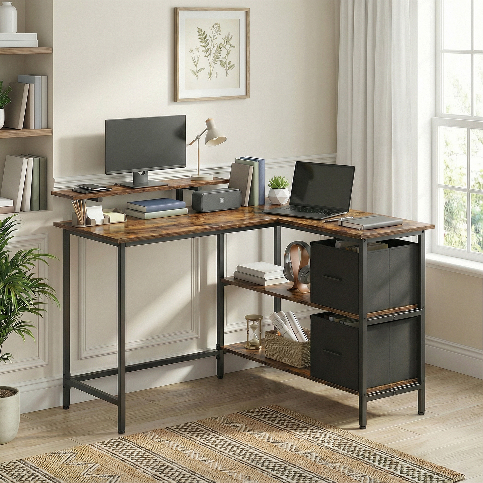 E-shop L-förmiger Schreibtisch,Großer， 2 geräumige Schubladen, Computertisch mit Monitorständer, Eckschreibtisch, Homeoffice Schreibtisch,Gaming-Tisch