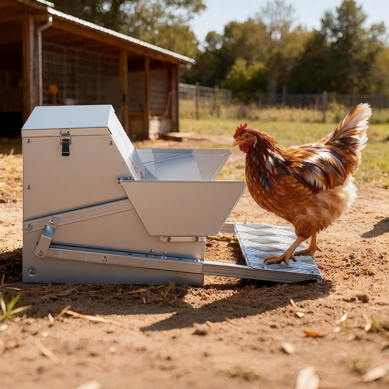 TEMU VEVOR Distributeur de nourriture automatique pour poulets, de 11,34 kg, mangeoire à pédale pour volailles avec couvercle verrouillable,
