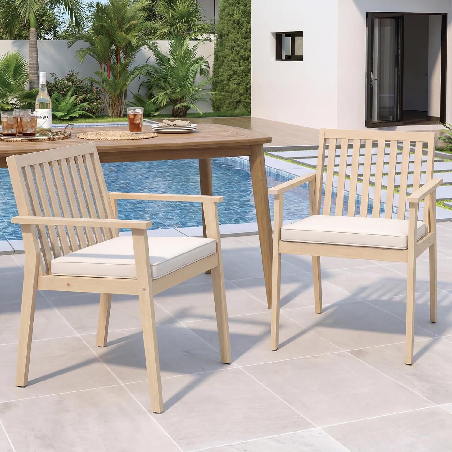 Image of Set Of 2 Acacia Wood Garden Chairs, Outdoor Armchairs With Adjustable Glides, Slatted Backrest And Removable