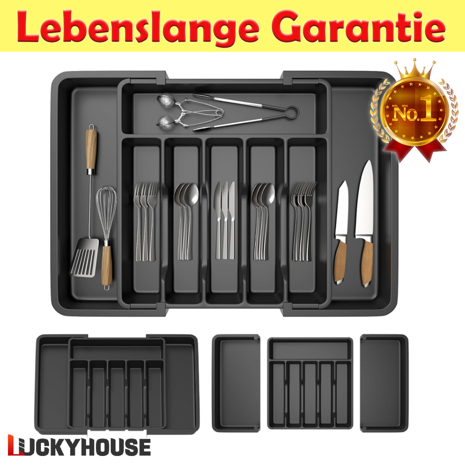 E-shop Extra großer Küchenbesteck-Schubladen-Organizer, 33-57 cm verstellbare, erweiterbare Besteckablage, 8-Fach PP Besteckhalter für Löffel, Gabeln &