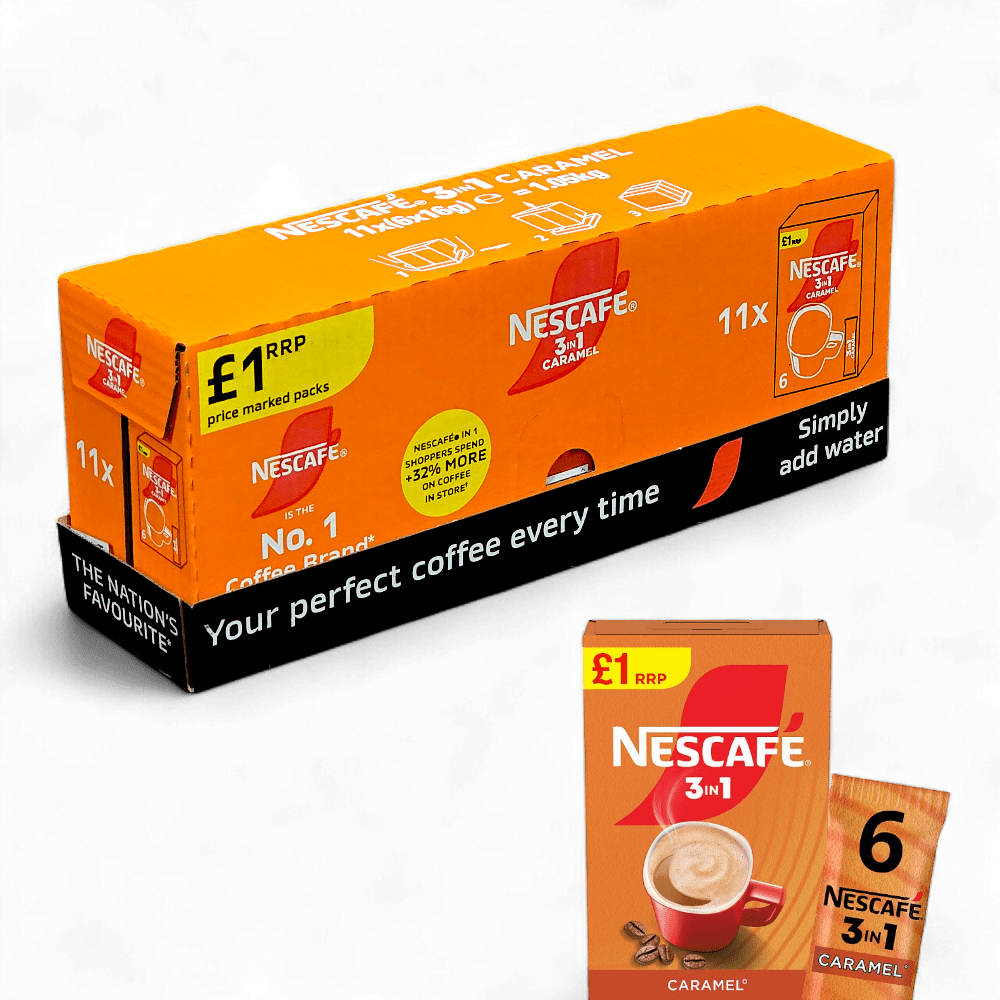 TEMU Nescafé 3 In 1 Caramel Instant Coffee Sachets, Pack Of 11, 6 Sticks Per Box, Smooth Creamy Caramel Flavor Coffee Mix, 66 Sachets Total