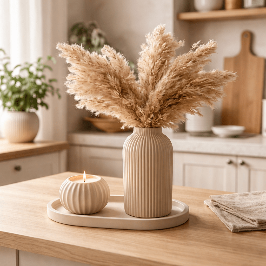 Image of Minimalist 3-piece Decor Set: Handmade Fluted Ceramic Vase & Matching Candle Holder On Oval Tray – Boho Scandi Style Living Room Decor – Dry Flower Vase Gift Set (pampas Grass Not Included)