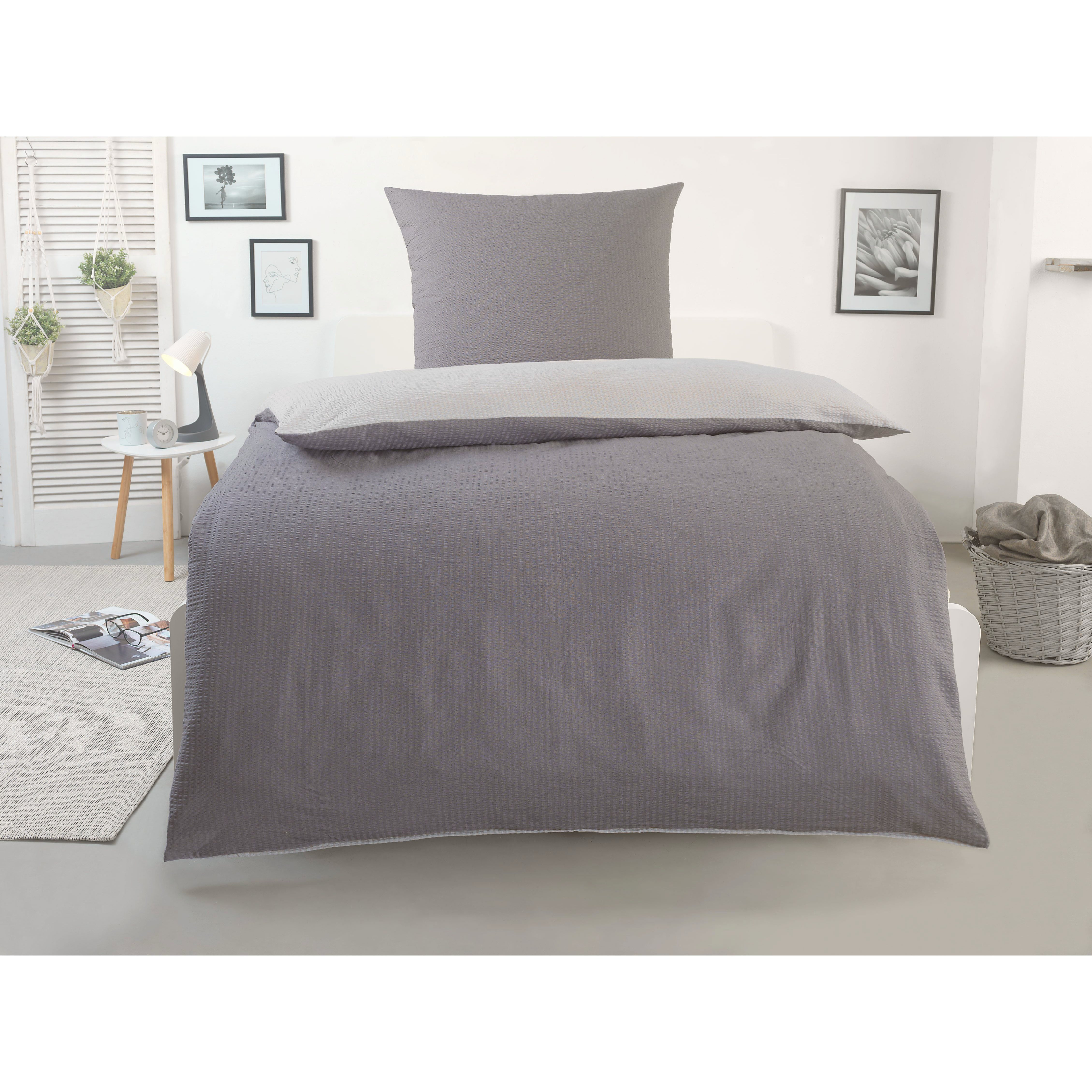 Seersuckerbedding Set, 2pcs, Reversible, Single-color On 2 Sides, Grey-silvery With Zipper, 1x 135x200 Cm + 1x 80x80 Cm