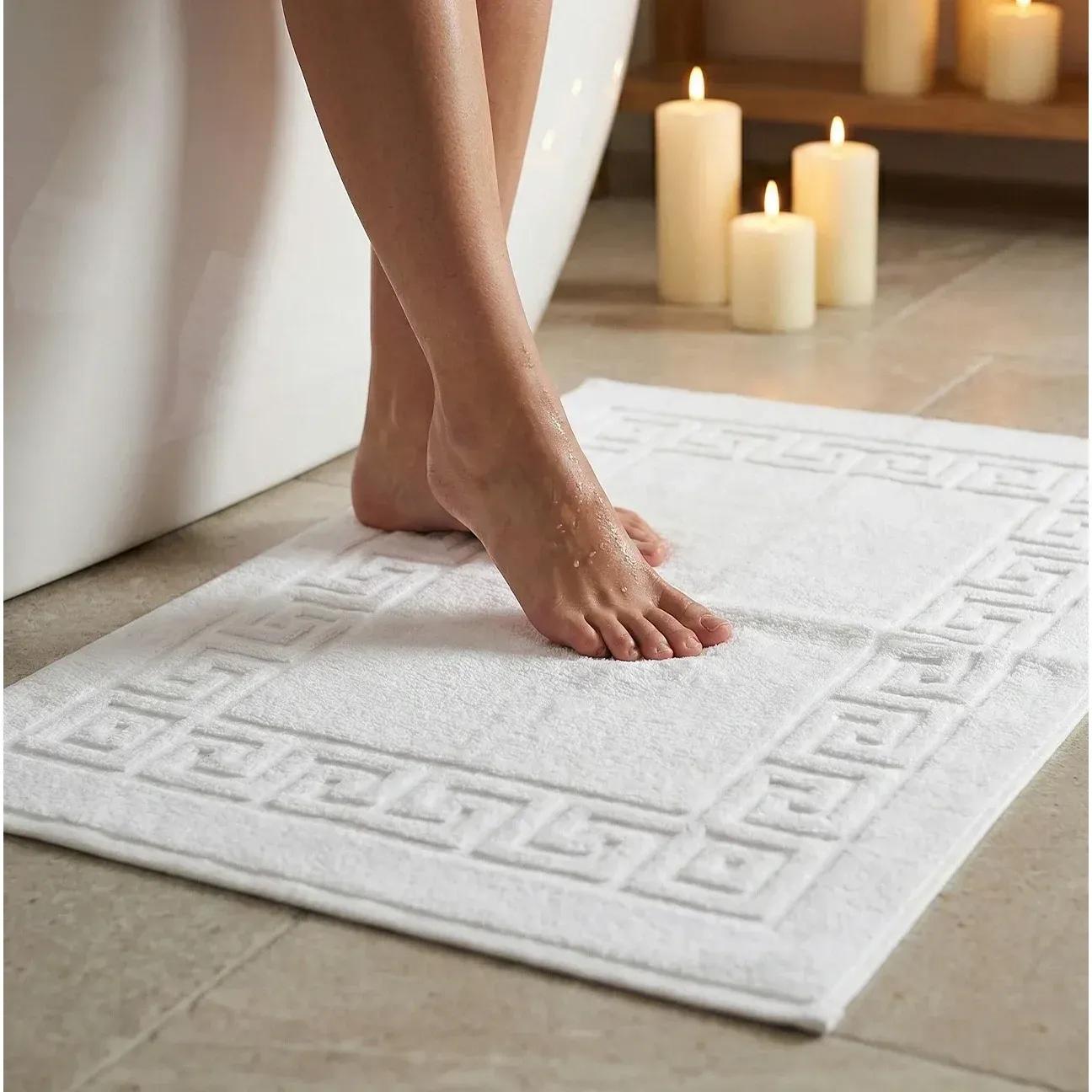 TEMU Bath Mat Greek Key Style 100% , 750 Gsm Pack Of 2 - 50 X 75 Cm Size - Terry Towelling Material Machine Washable