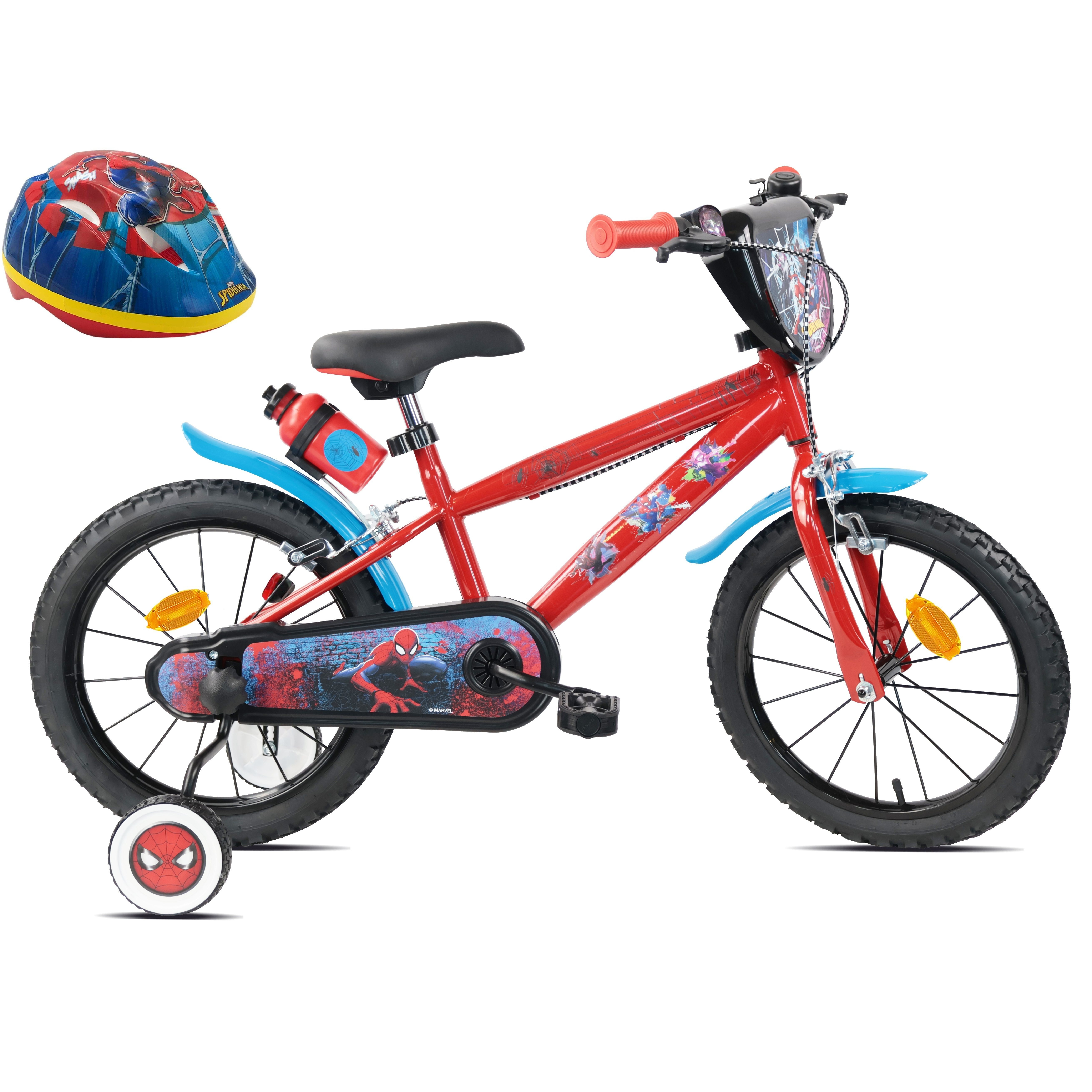 16" Spiderman Kids' Bike (90 To 105cm) With 2 Brakes, Decorative Front Plate, Rear Water Bottle Holder, Training Wheels, Inflatable Tires, And Helmet Protection