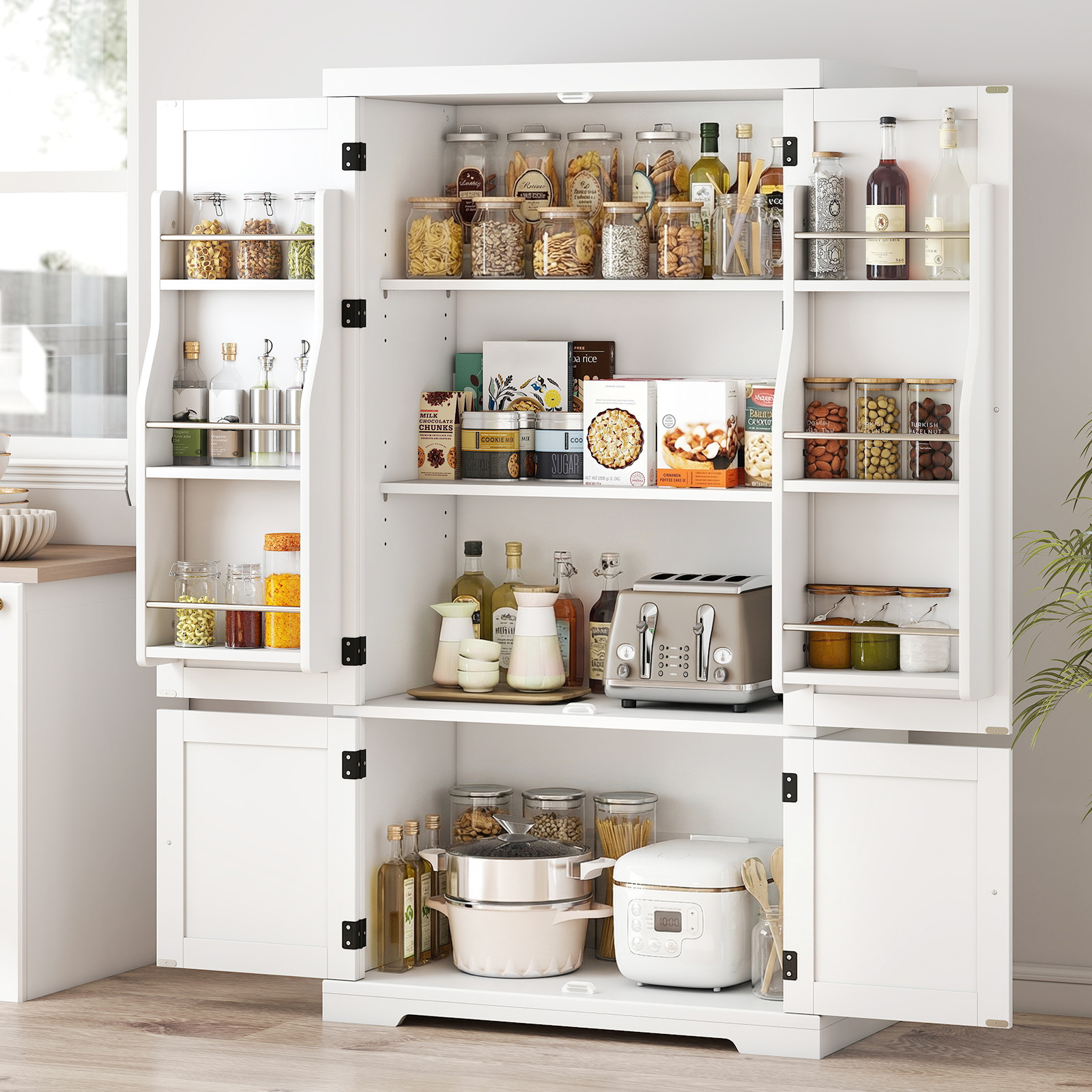 pantry cabinet with 139 cm high freestanding cupboard with 6 door shelves and 5 position adjustable shelves modern floor storage cabinet for kitchen dining room and living room white