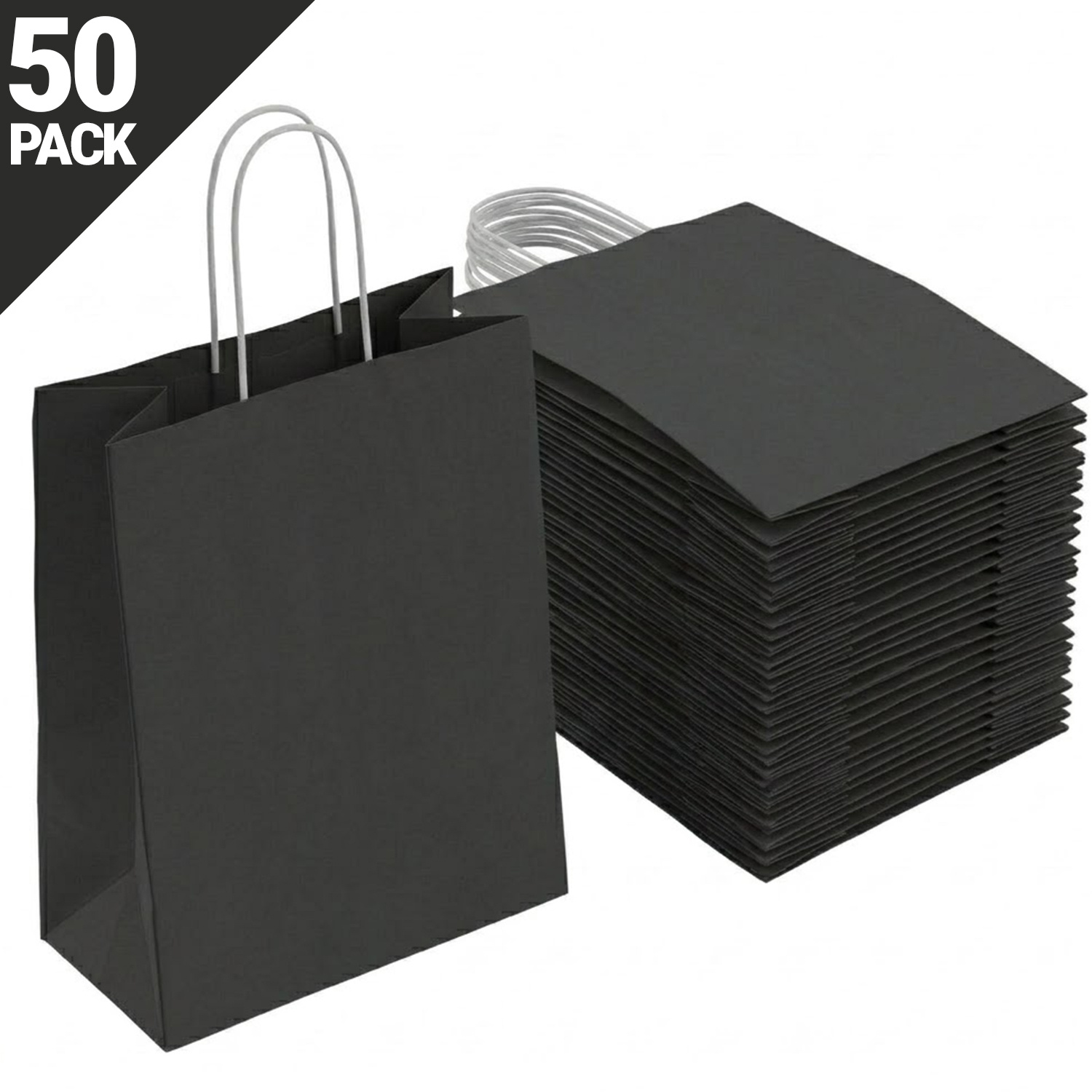 TEMU 50pcs Black Paper Gift Bags With Handles, 18x22x8cm Party Bags For Kids Birthday, Wedding, Baby Shower, Christmas, Candy & Retail Use