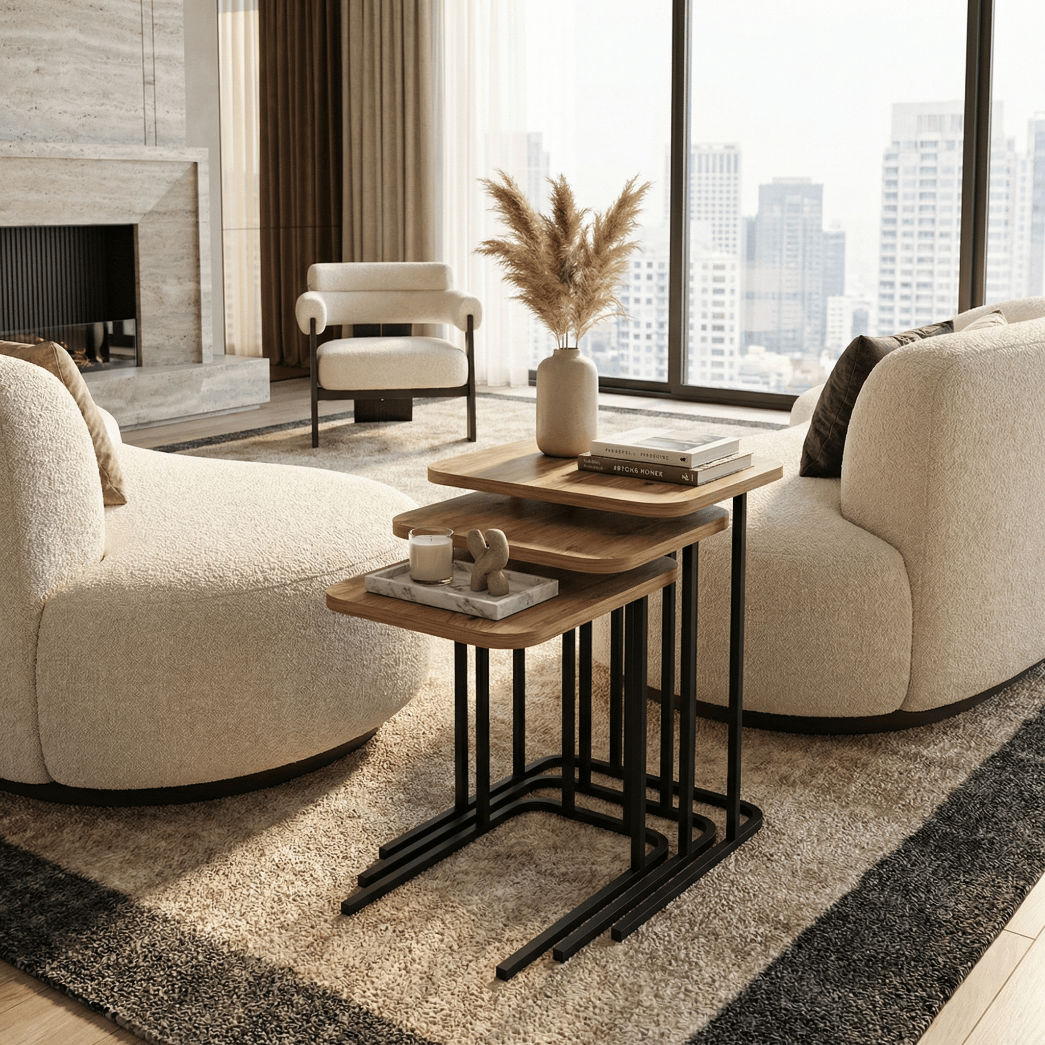 Game Of 3 Modern Auxiliary Tables In Natural Wood – Metal Legs, , Easy Assembly