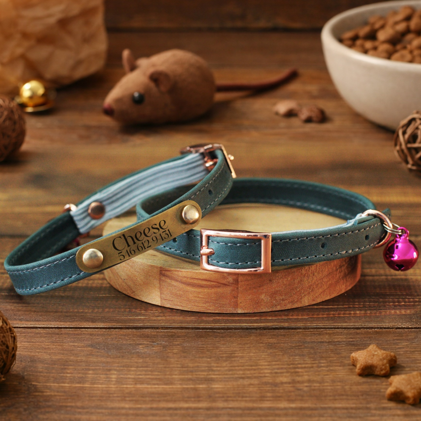 Image of Personalized Leather Cat Collar - Custom Engraved Id Nameplate - Handmade Genuine Leather Safety Stretch Band For Kittens & Small Dogs - Rose Gold Luxury Pet Collar