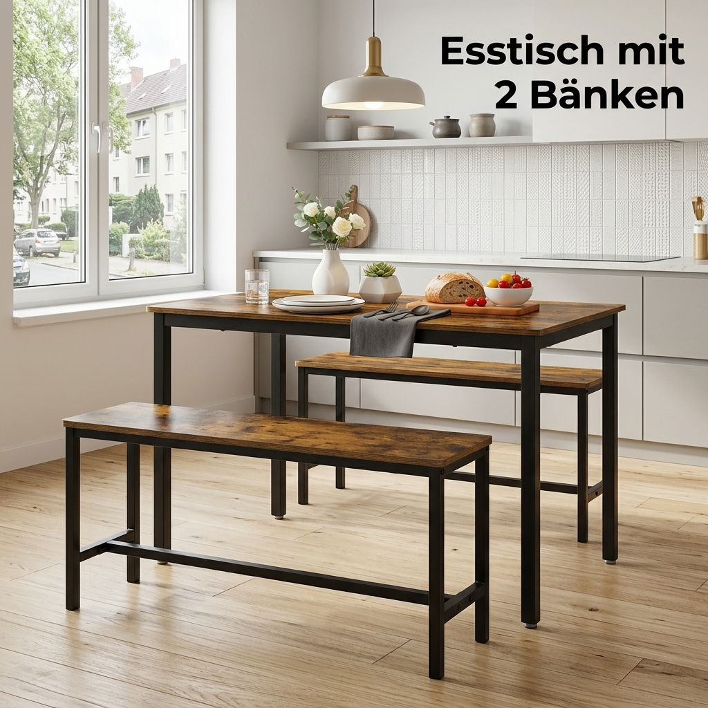 E-shop Esstisch mit 2 , Küchentisch, Esszimmerbänke, Stapelbar,Platz sparen,Stahlgestell, Industrie-Design,Balkonmöbel-Set,Geeignet für Terrassen,