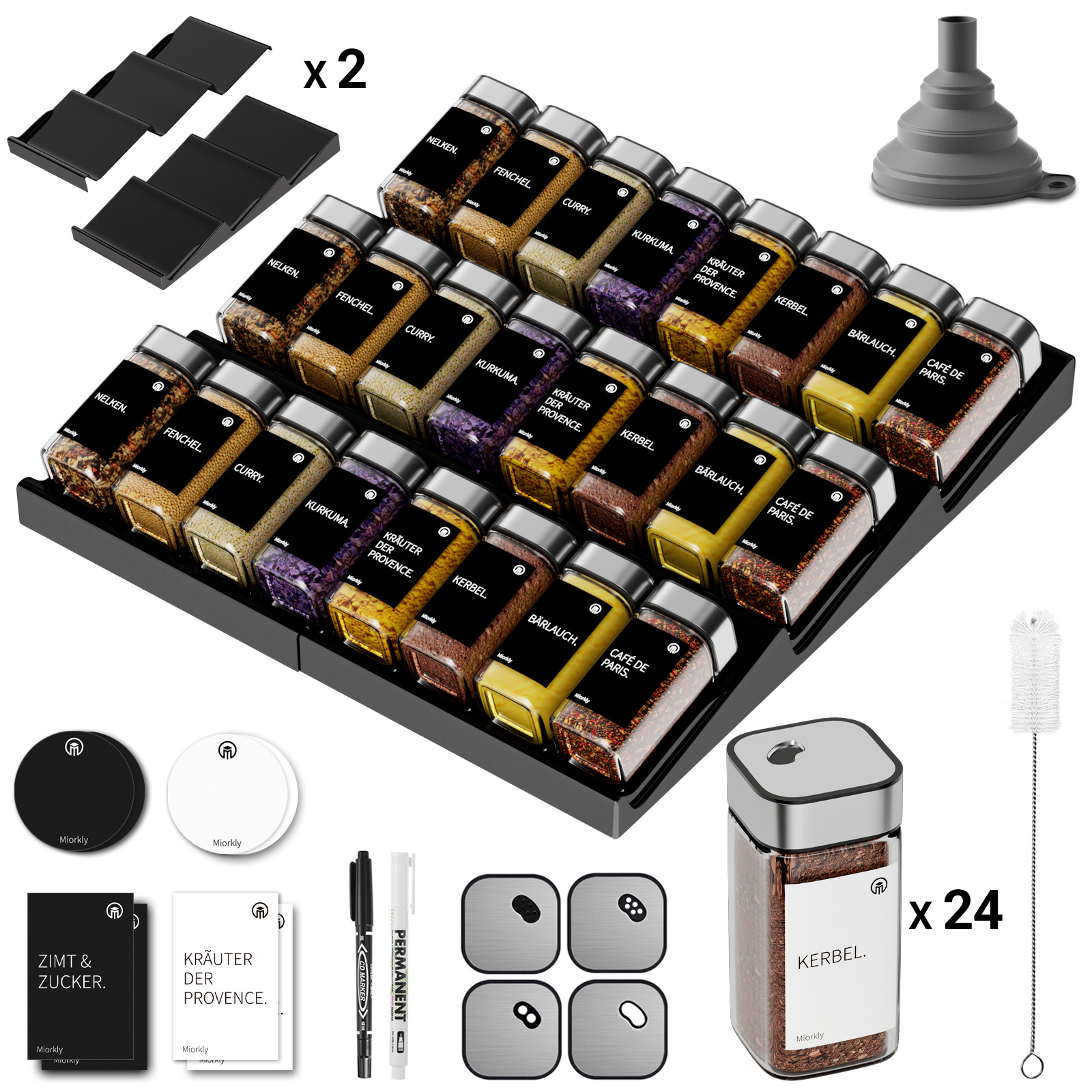 E-shop 26-teiliges Set: 2-teilige Gewürzregal-Schublade und 24 Gewürzdosen à 120 ml mit Etiketten Anpassbar an alle Schubladen, inklusive aufstellbaren