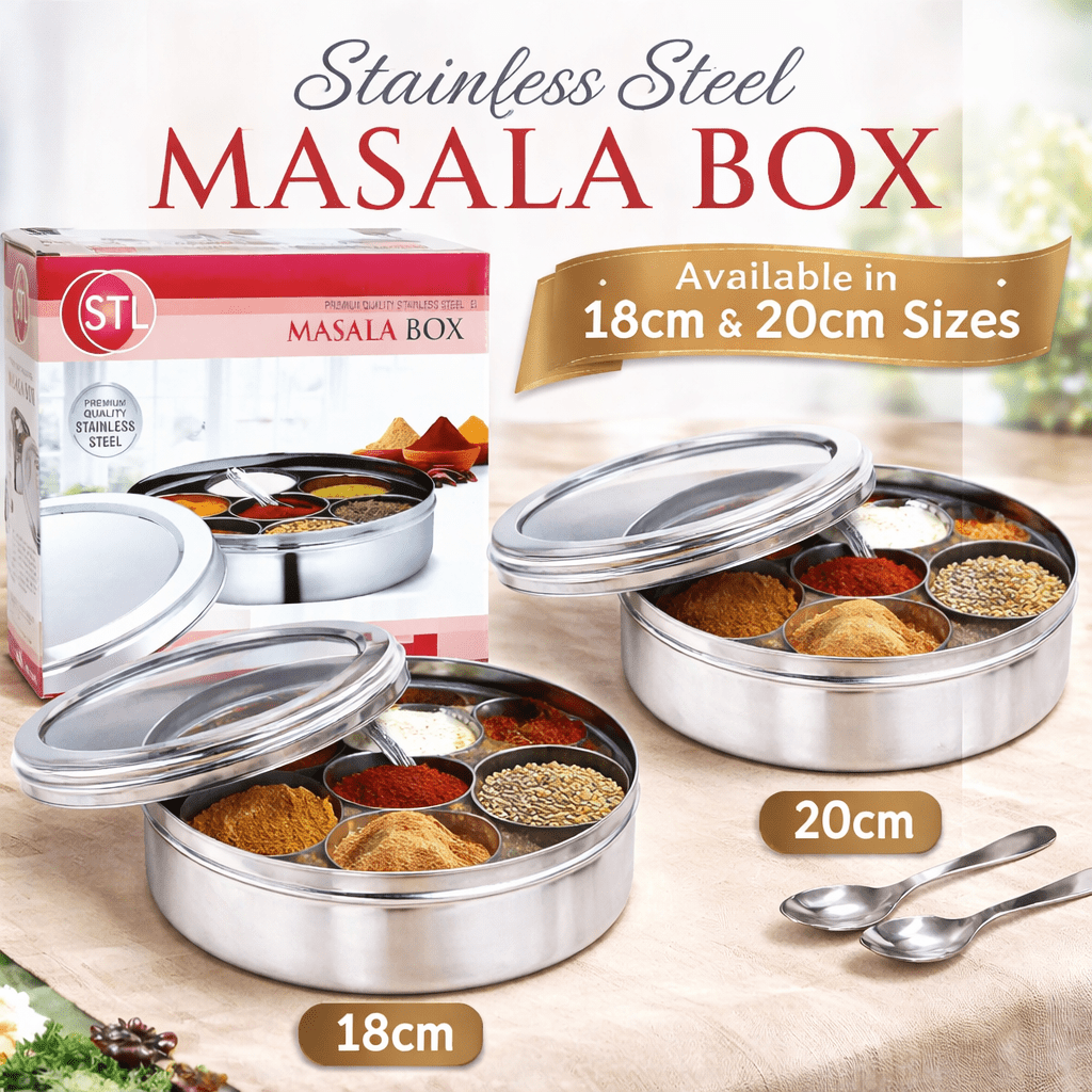 TEMU (spice Box) | Authentic Indian Style Stainless Steel | With 7 Removable Compartments & 2 Spoons | See Through Lid |