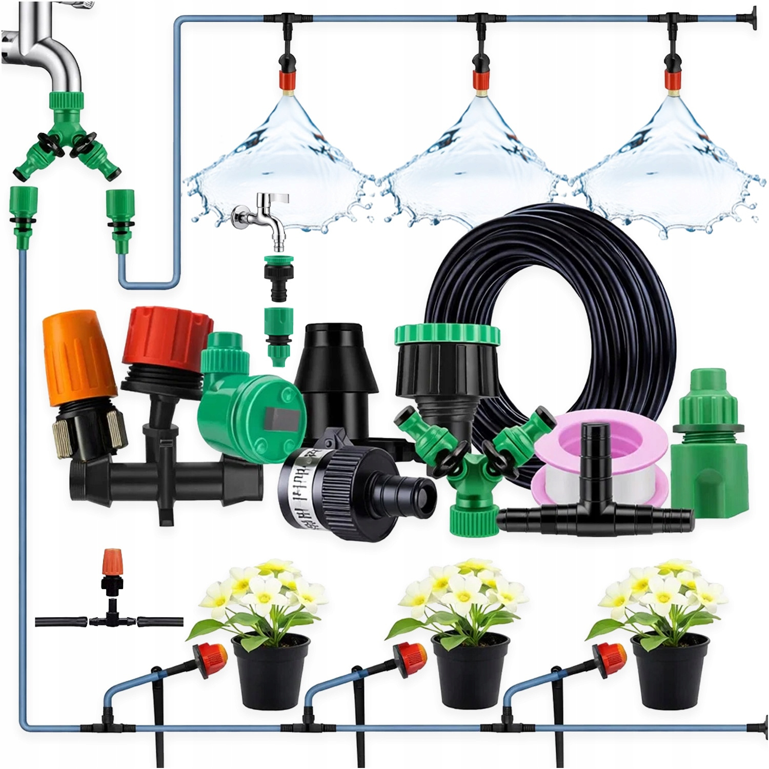 Image of Drip Irrigation Set 50m For Plants Automatic Garden Irrigation System With Water , Complete Set For Flowers, Vegetables, And Garden, Including Regulated Connection To The Tap.