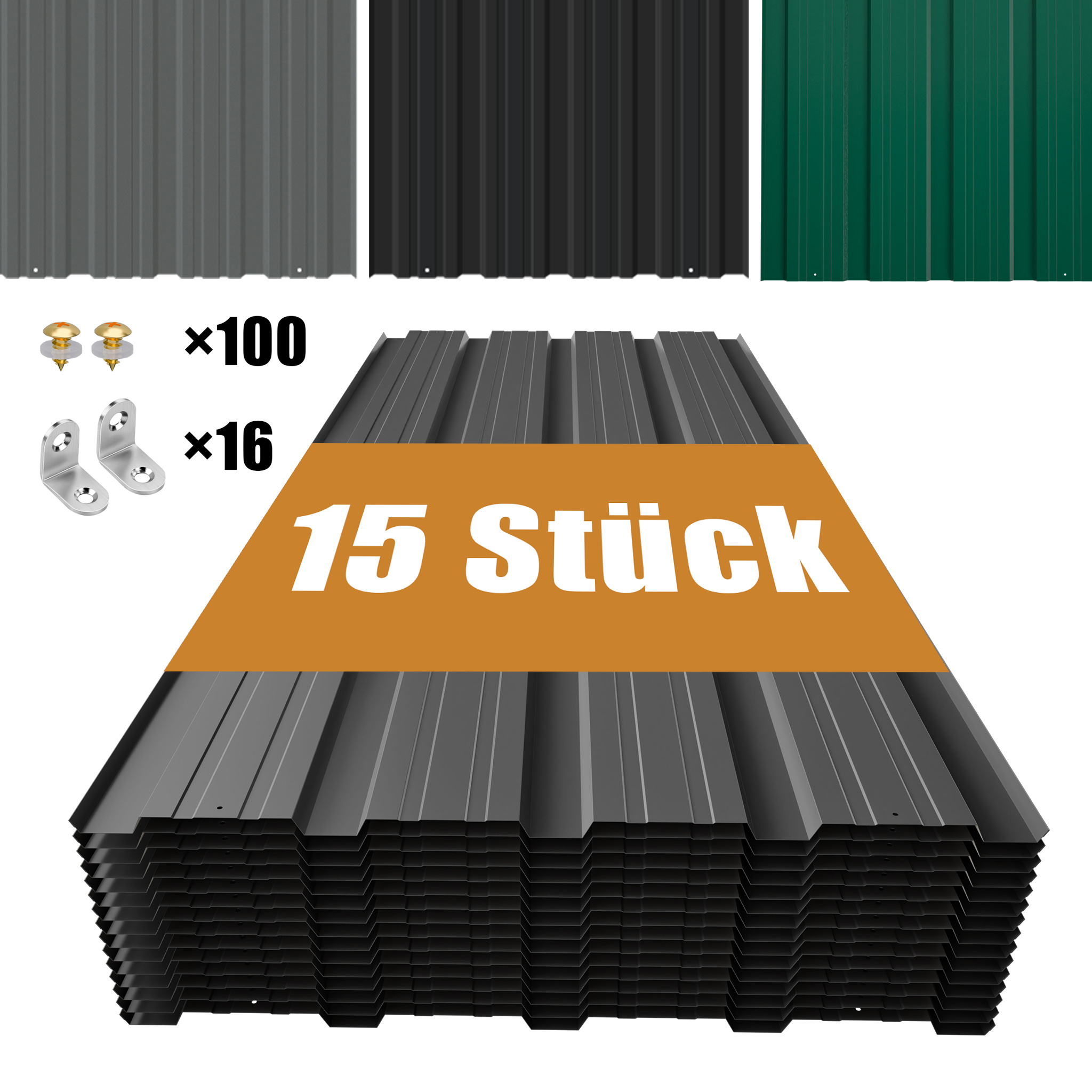 E-shop Trapezblech Set 15 Stück – Dachziegel aus Verzinktes Metall inkl. Befestigungsschrauben – 0,25 mm stark für Carports, Gartenschuppen und