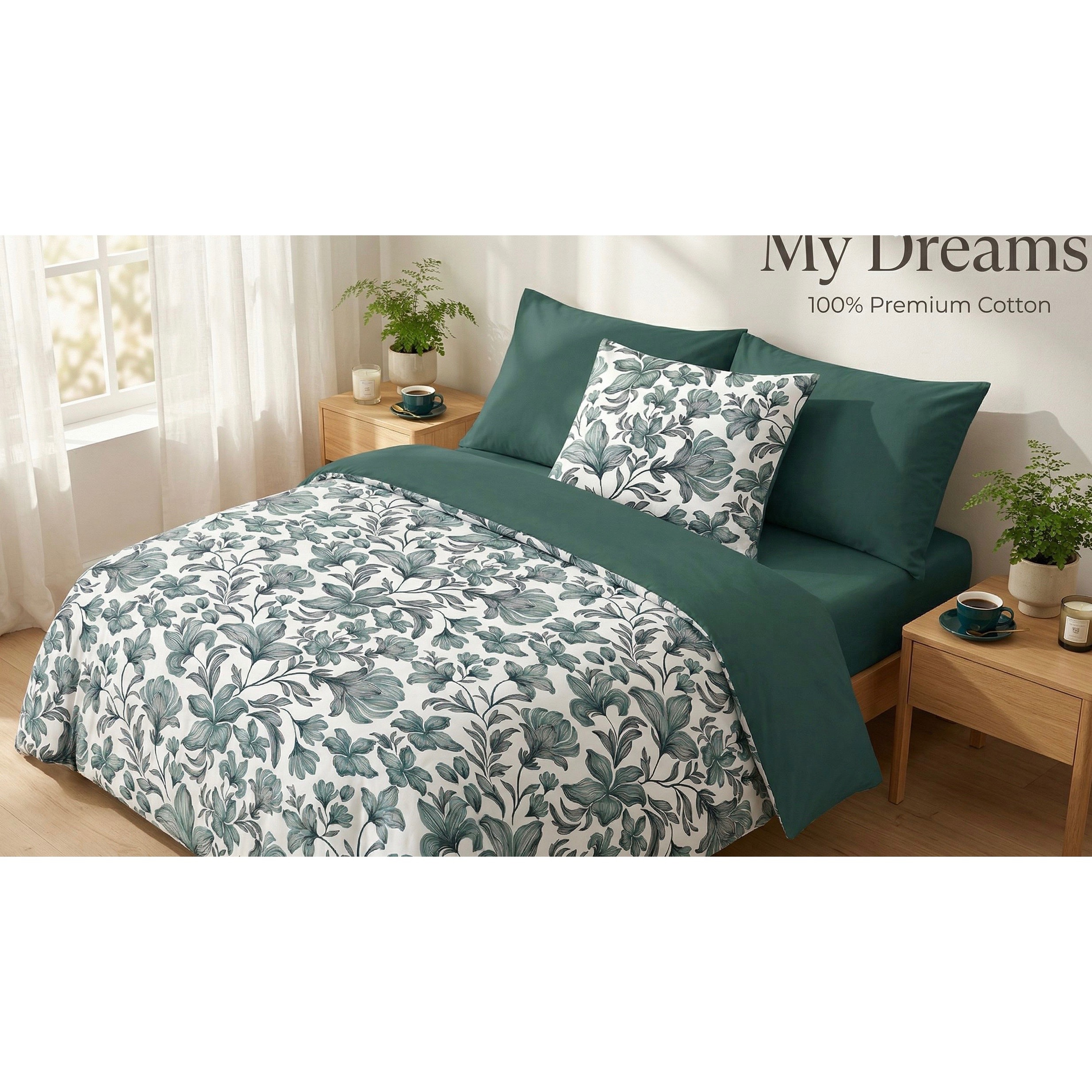 Duvet Cover Set, 100% Cotton, Green Floral Pattern, Pillowcase, Bedding