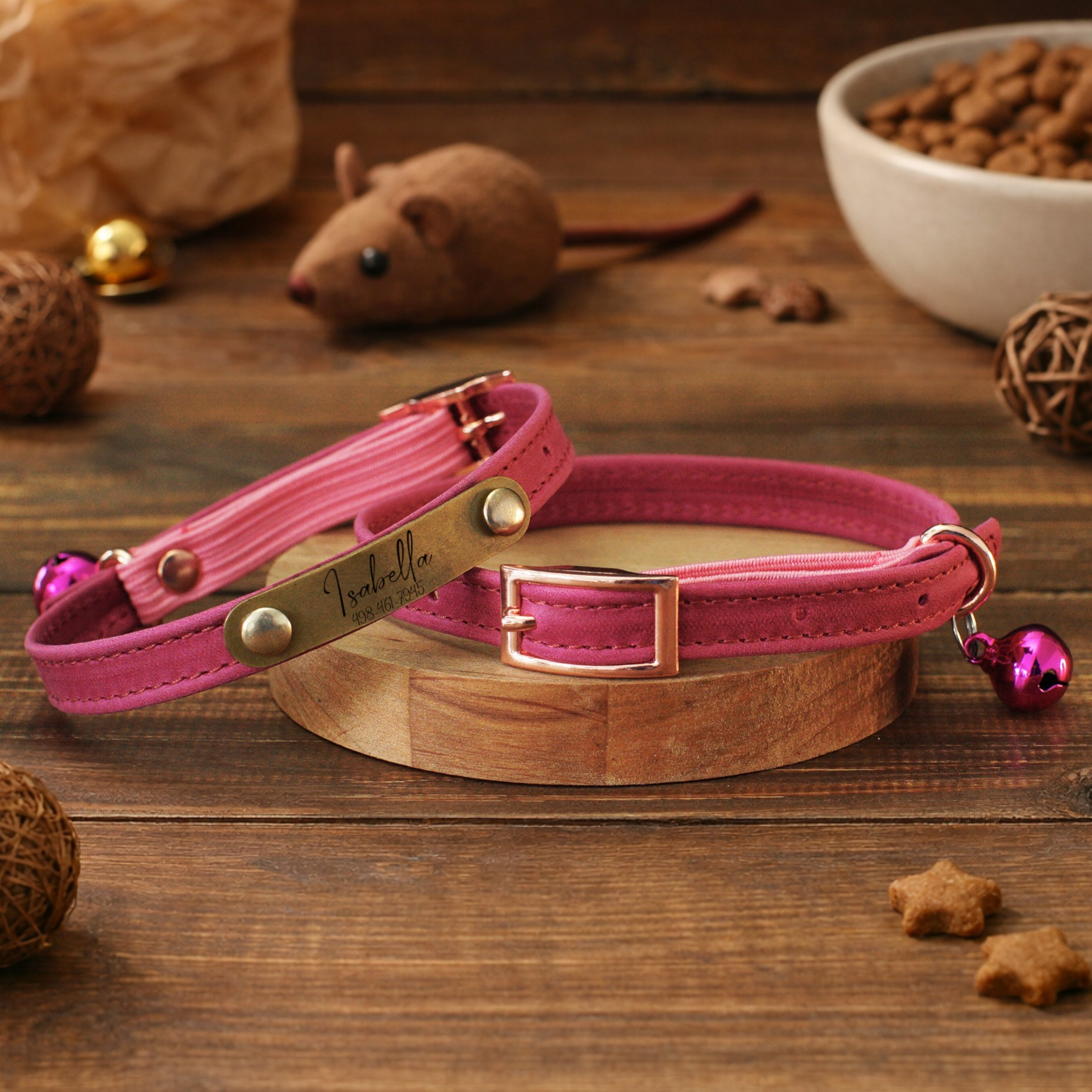 Personalized Leather Cat Collar - Custom Engraved Id Nameplate - Handmade Genuine Leather Safety Stretch Band For Kittens & Small Dogs - Rose Gold Luxury Pet Collar