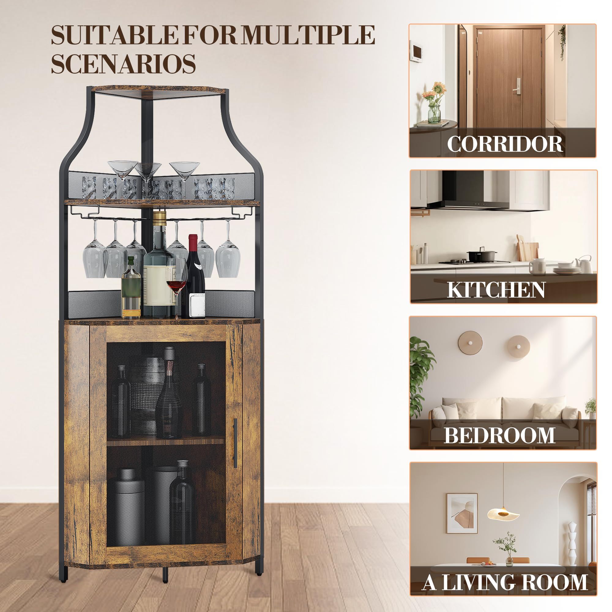 Retro Industrial Corner Wine Cabinet With 5 Tiers, + Pb Panels, Removable Glass Rack, Metal Mesh Door, Adjustable Shelves, Cabinet For Living Room Or Dining Room, Ideal For Small Apartments