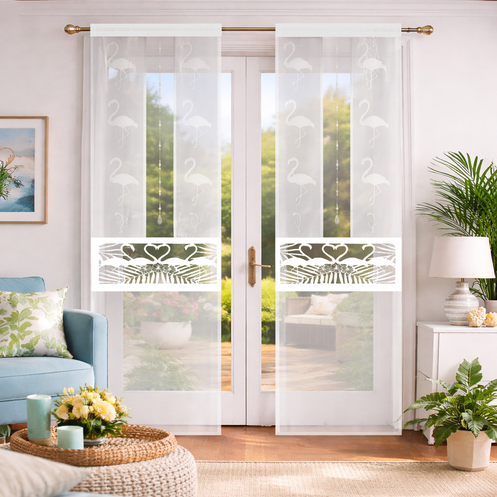 TEMU 1pc Fashion Tulle Curtains, 60*250cm, Openwork Flamingo Pattern, And Bead Decoration, Suitable For Floor Windows, Door Curtains, Perfect For