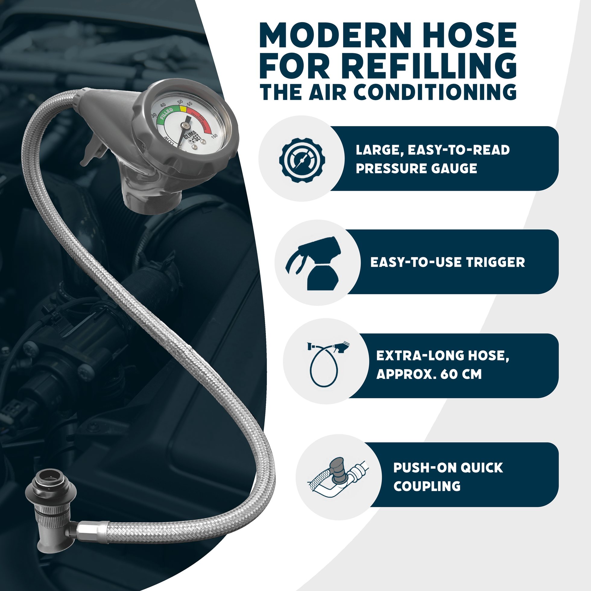 The 60 Cm Drain Hose Is Standard For Self- Car Air Conditioning. Connect The Hose, Read The Pressure, And Act—no Guessing, No Tools, Required