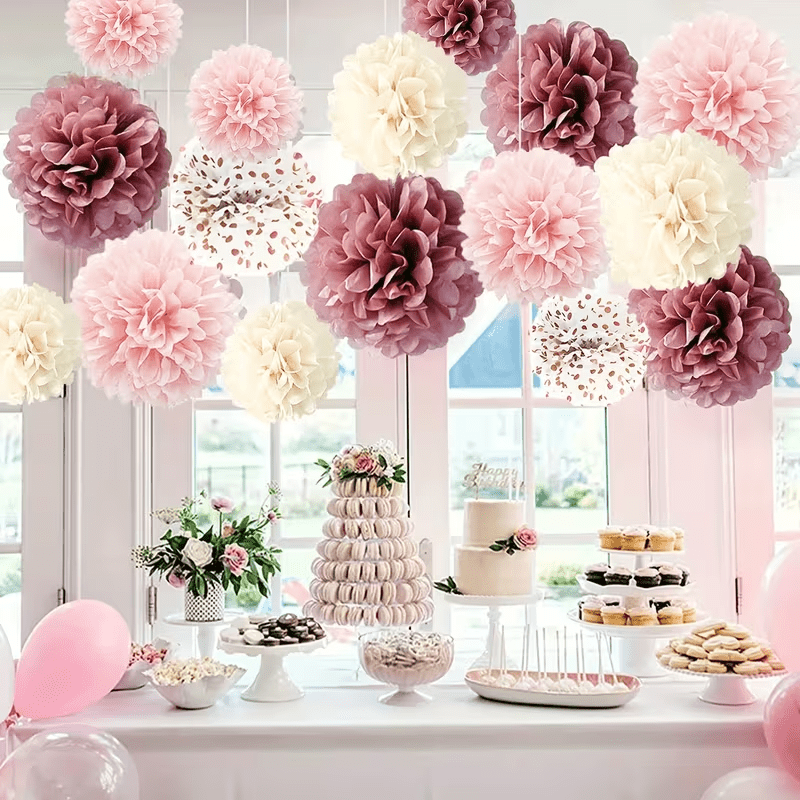 TEMU 16pcs Tissue Pom Pom Burgundy Pink Gold Mix Pompom Fluffy Flower Ball Birthday Wedding Engagement Baby Shower Summer Garden Shop Hanging